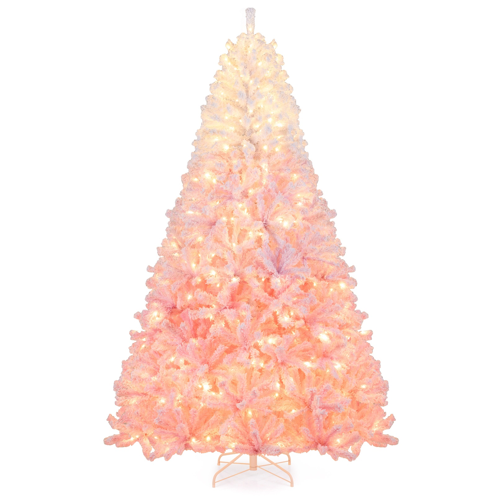 SUGIFT Flocked Gradient Pre-Lit Artificial Christmas Tree Warm White LED Lights & 8 Modes 8 Feet White to Pink/White