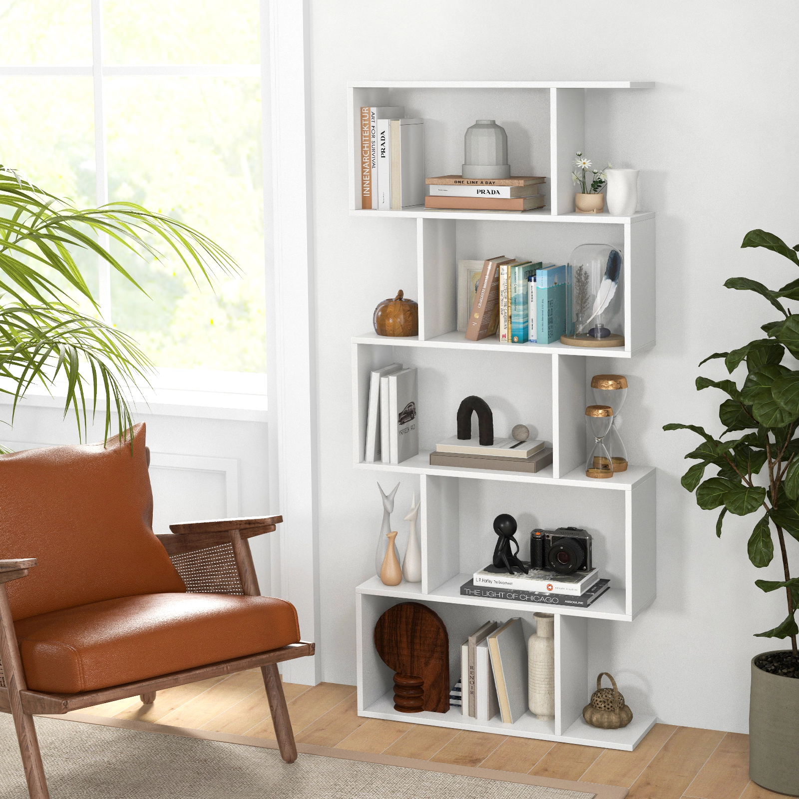 SUGIFT 5-Tier S Shaped Bookshelf Wide Base & Anti-Toppling Device 45-lb Shelf Capacity Rustic Brown for Living Room Home