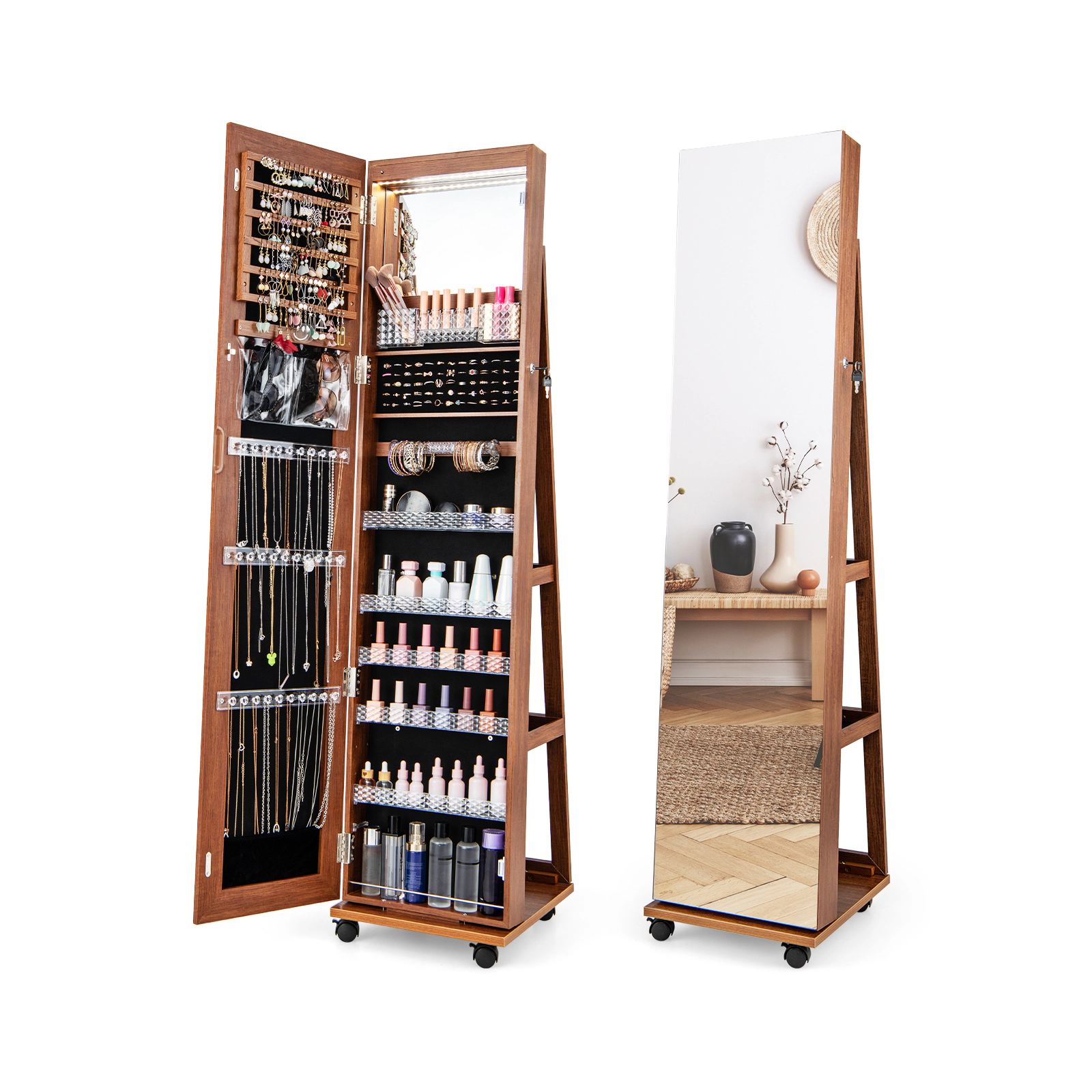 SUGIFT 64-in Brown Lockable Jewelry Cabinet Armoire with Full-Length Mirror 3-Color LED and Makeup Mirror