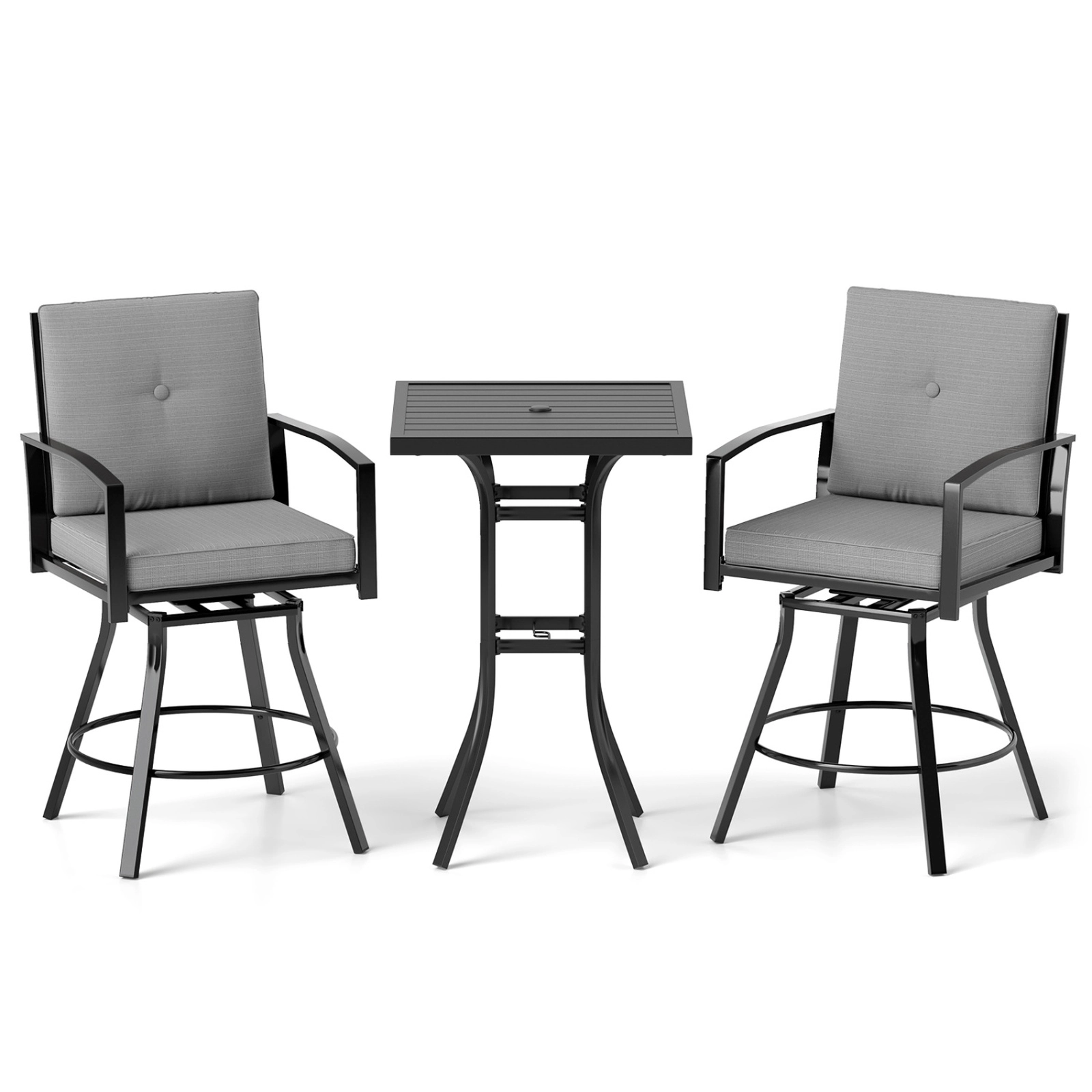 SUGIFT 3-Piece 360-Degree Swivel Stools Cushions Umbrella Hole Patio Bar Set 25-in x 25-in 180-lb Capacity Gray