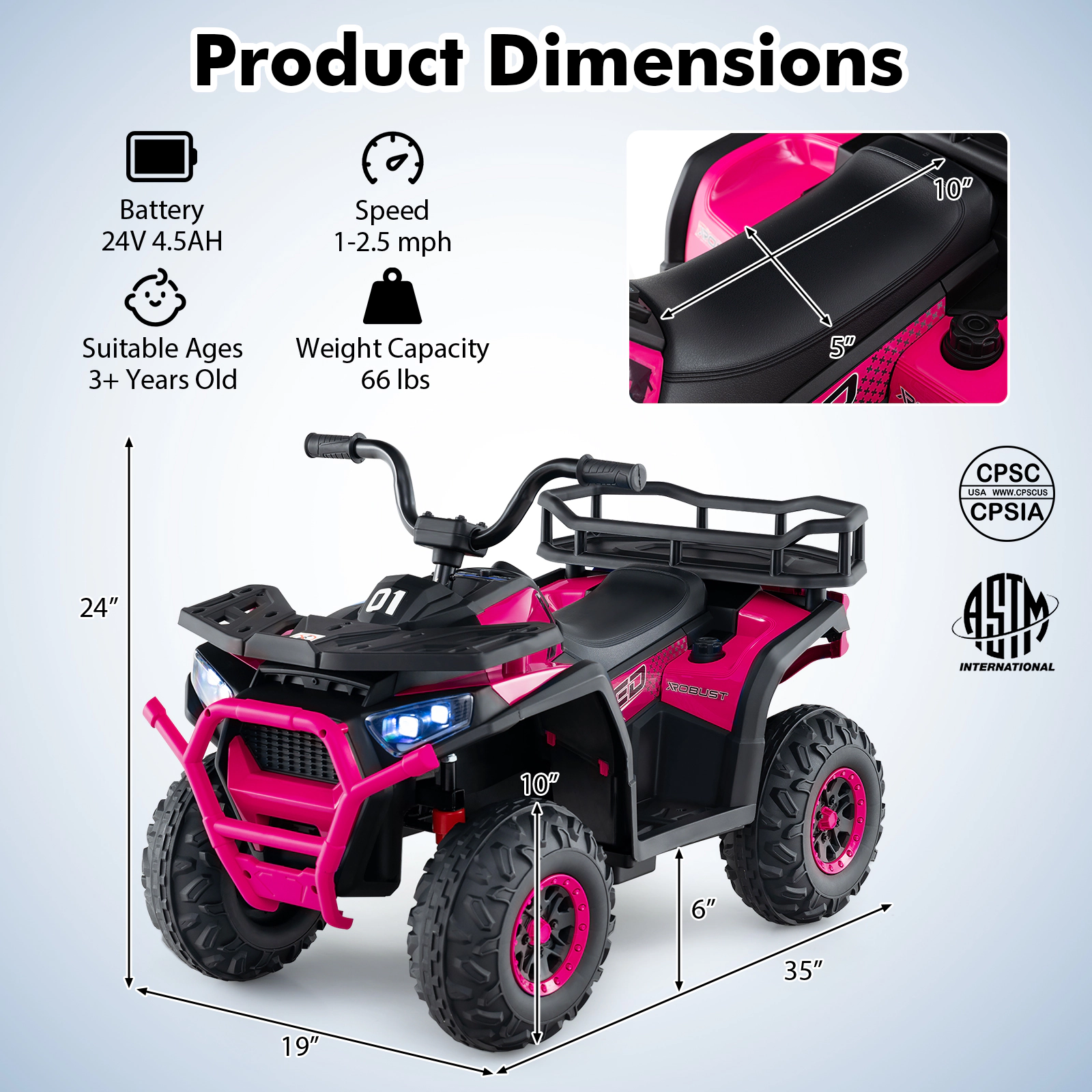 24V Kids Ride on ATV Quad 4-Wheeler Dual 25W Motors Shock Absorption LED Lights FM Radio Ages 3+ 66-lb Capacity