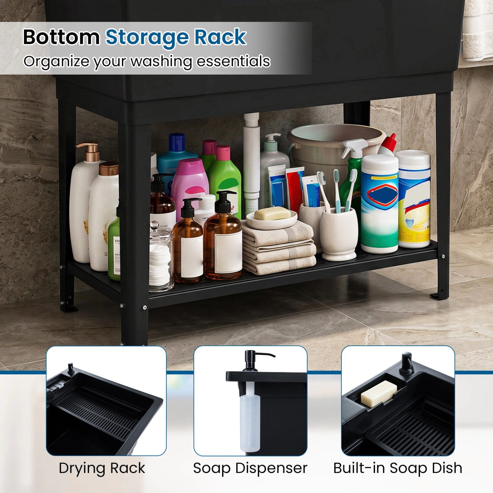 SUGIFT Freestanding Rotating Faucet Storage Shelf Utility Sink Laundry Tub 40-in x 23.5-in x 48-in 155-lb Basin Black