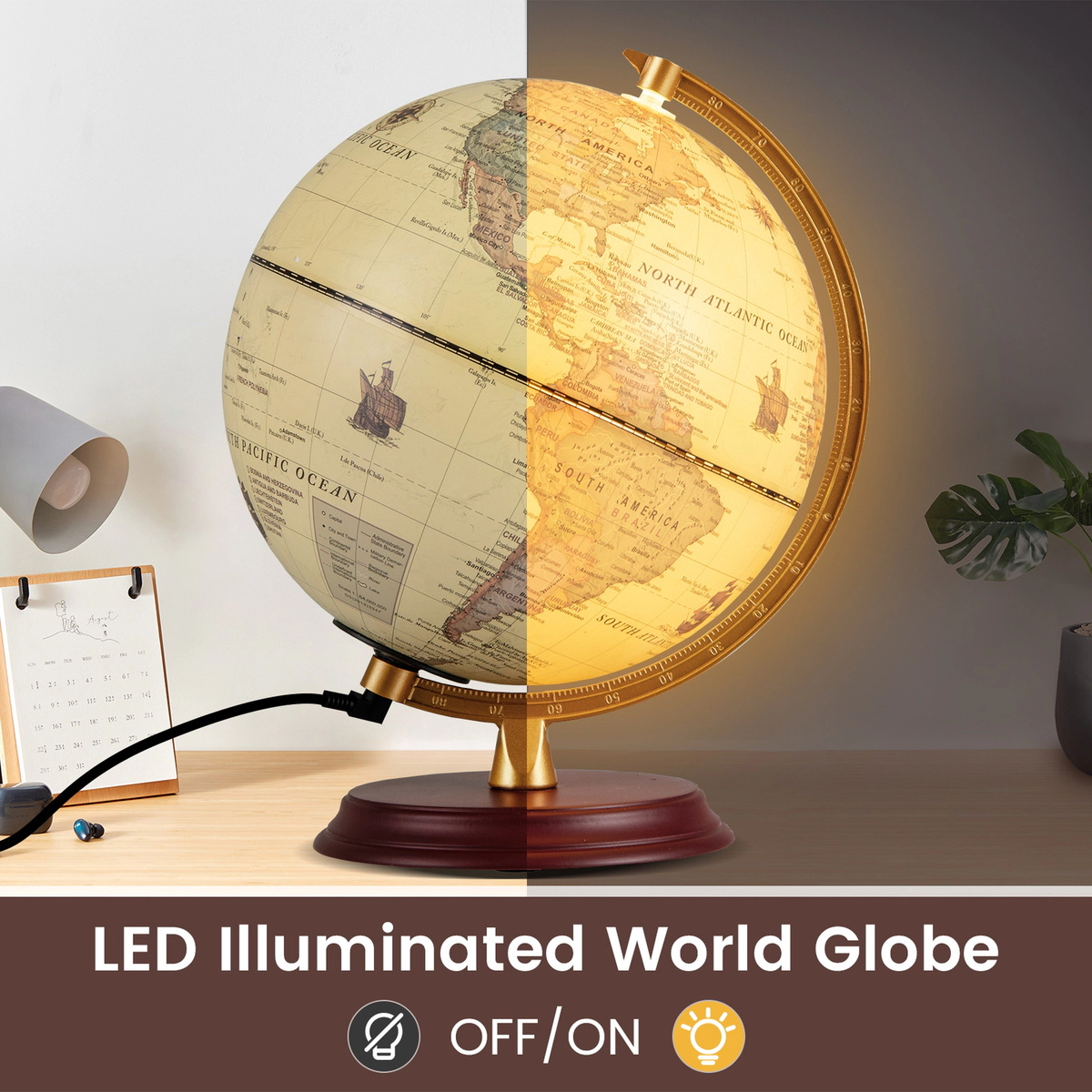 SUGIFT Kids Antique Style LED Light Up Wooden Stand World Globe 8-in Diameter 8.5-in x 8.5-in x 10.5-in Bronze