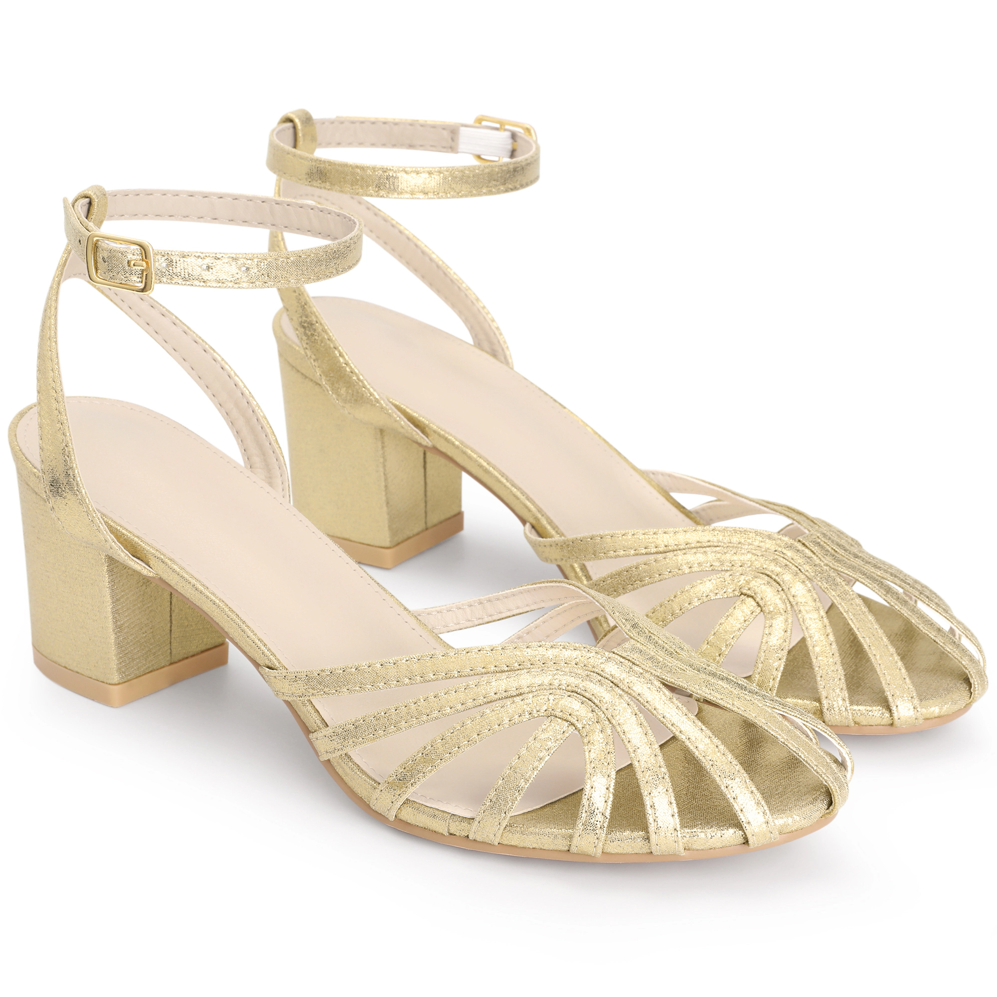 BLISSFUL STEP Women's Metallic Sparkly Strappy Slingback Block Heel Sandals