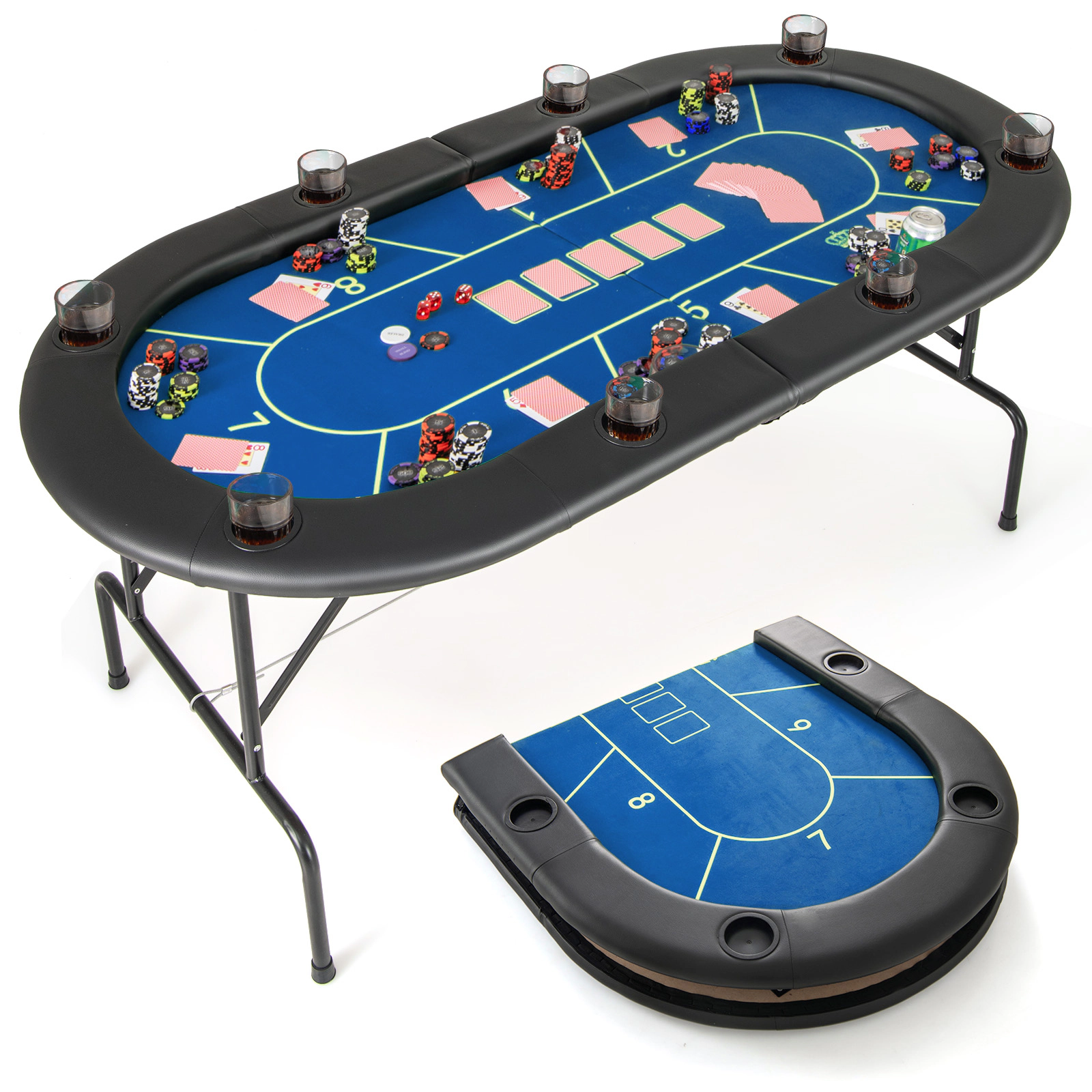 SUGIFT Blue Foldable Poker Table with 8 Cup Holders 72-in W 36-in D 30.5-in H 220-lb Tabletop Capacity