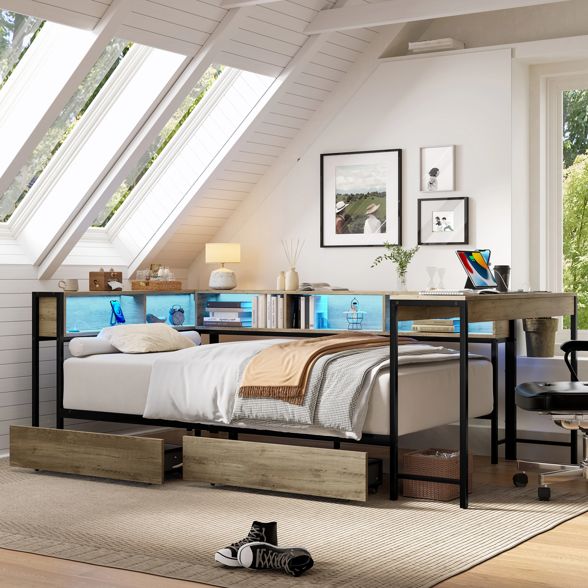 Flynama Twin Corner Bed with Bookcase, 2 Drawers, LED Light & Charging Station, Grey