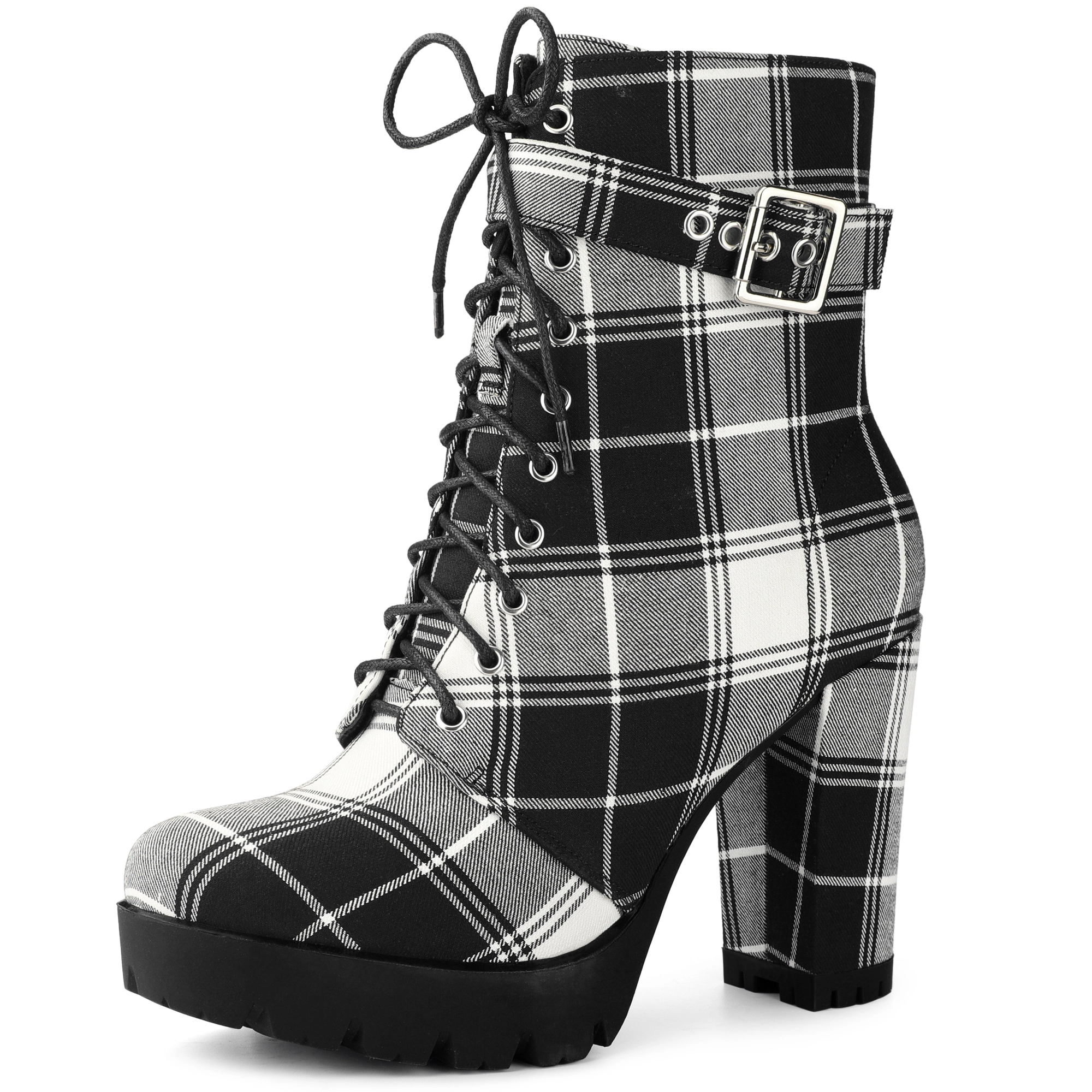 BLISSFUL STEP Women's Platform Lace Up Chunky Heel Plaid Combat Boots