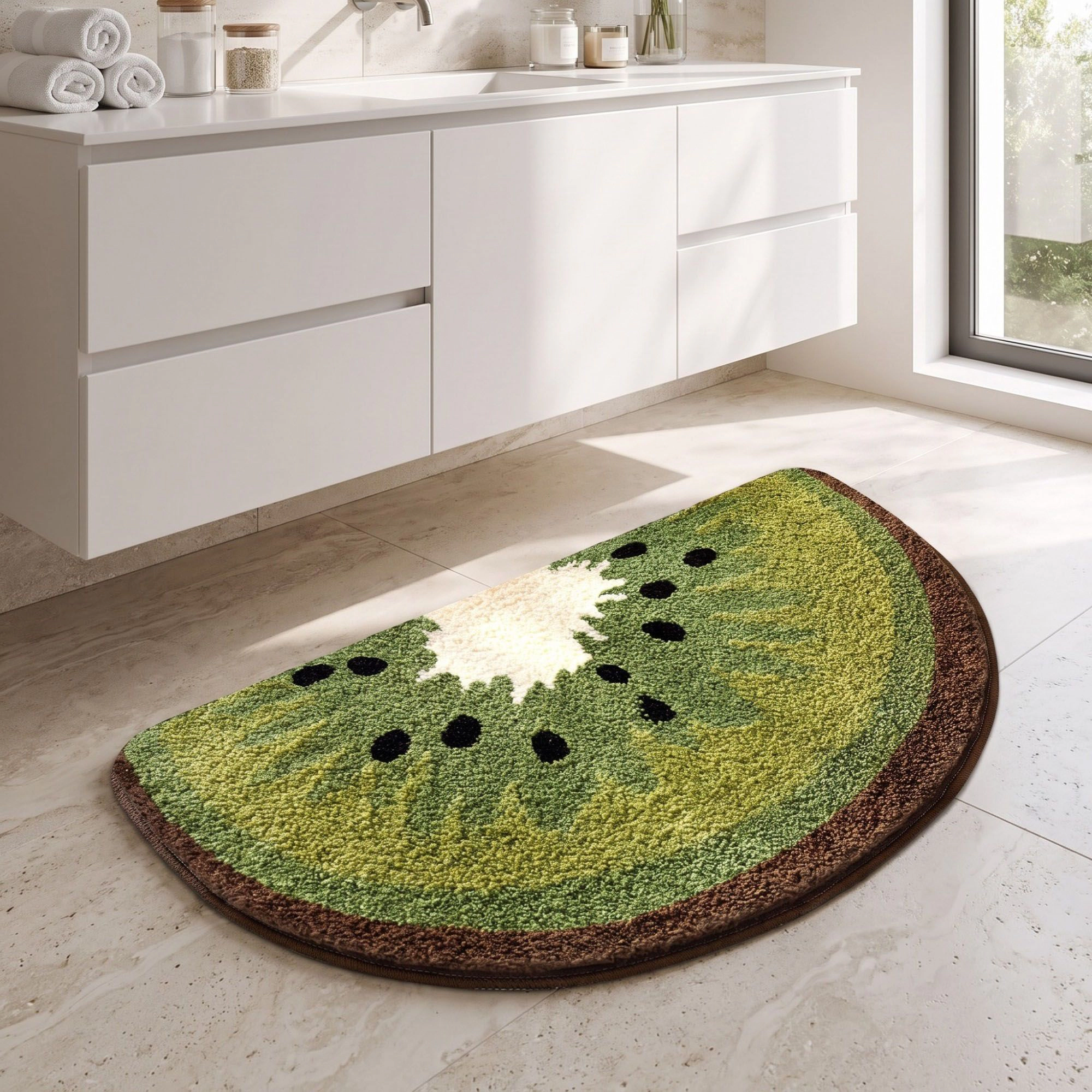 Alilang Unisex Kiwi Fruit Slice Plush Semicircle Bathroom Mat with Green Tufted Design