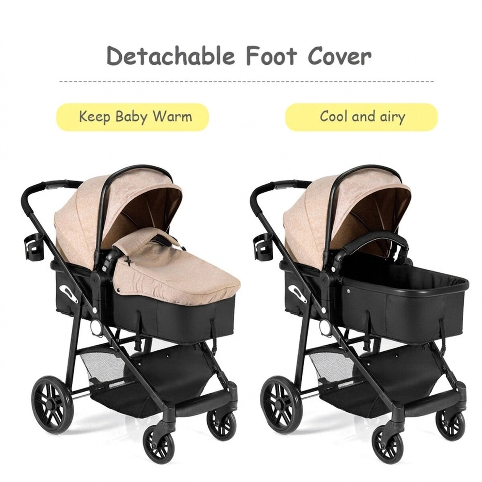 SUGIFT Baby Light Brown 2-in-1 Foldable Stroller with Reversible Bassinet 37-in W 43-in H 33-lb Seat Capacity
