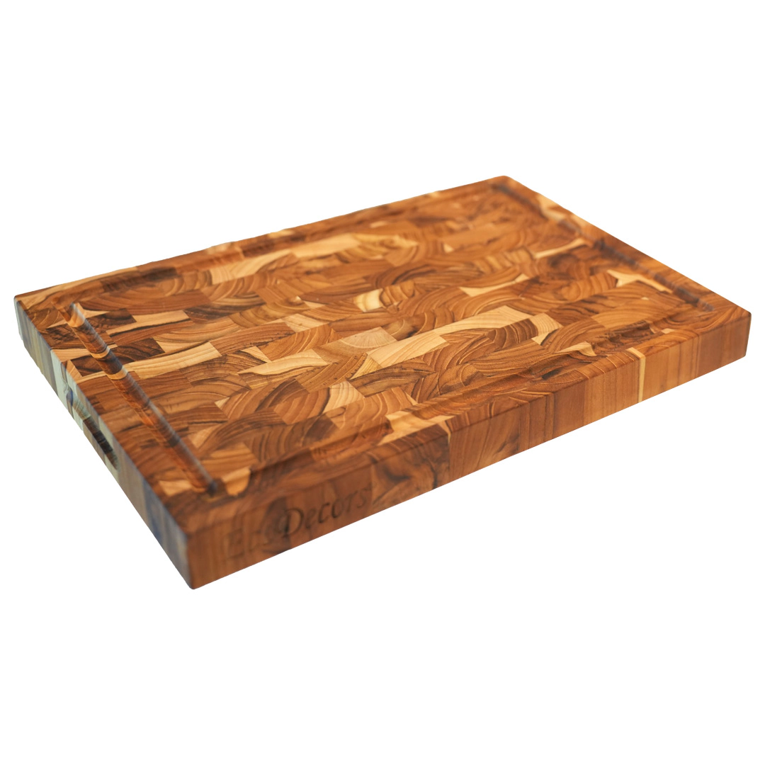 EcoDecors 14" x 10" Teak End Grain Cutting Board - Juice Channel, Carved Handles, FSC Teak