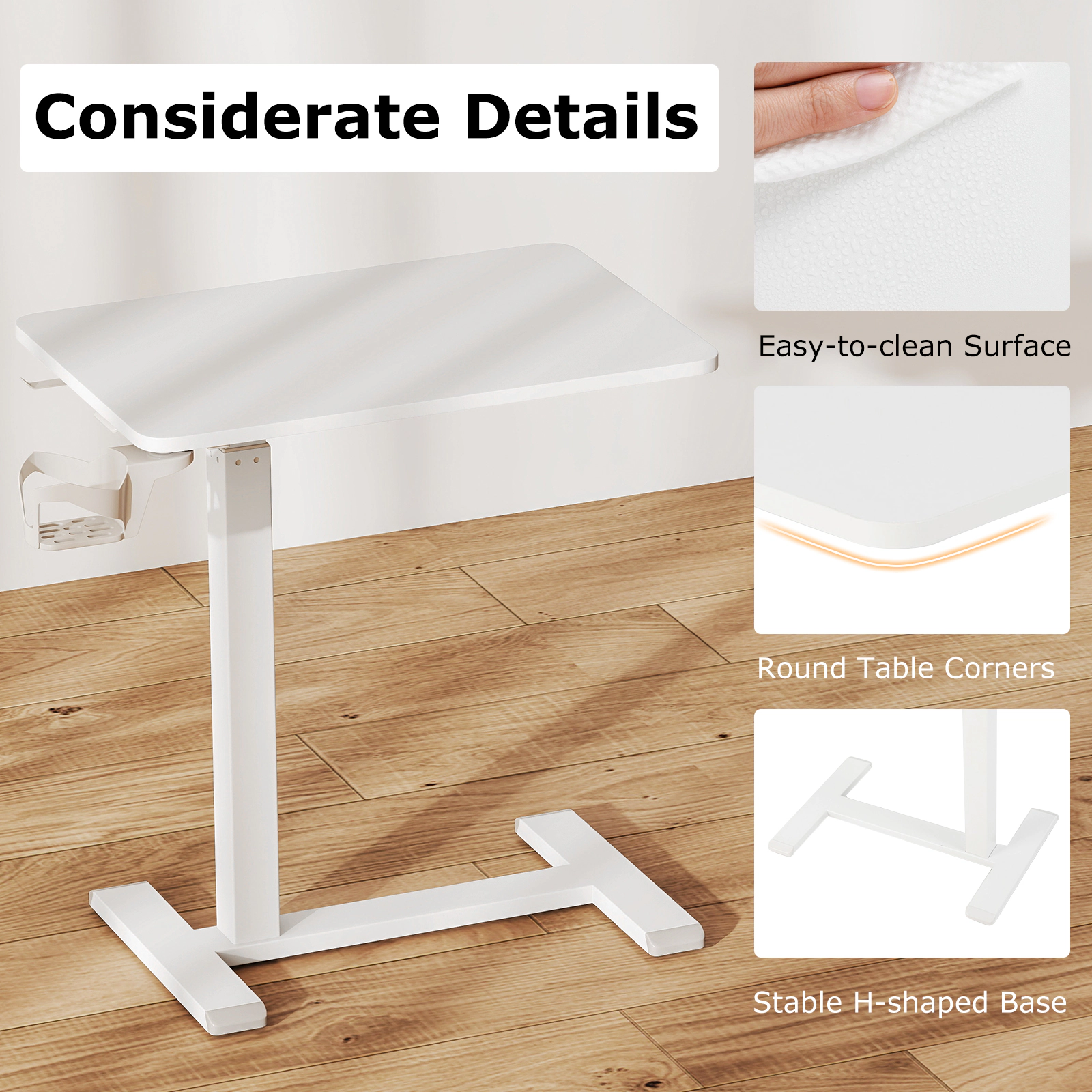 SUGIFT Height Adjustable Mobile Standing Desk Overbed Bedside Table 90-lb Capacity with Cup Holder White