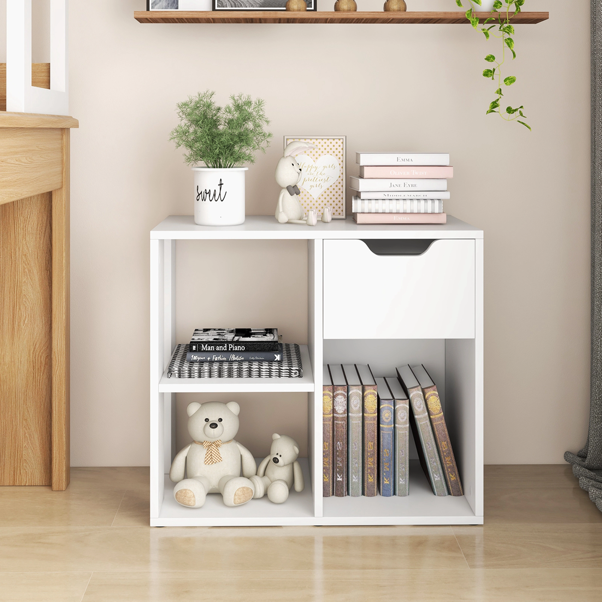 Costway 3-Cube Bookcase Organizer with 2-tier Wooden Storage Shelf & Pull-out Drawer