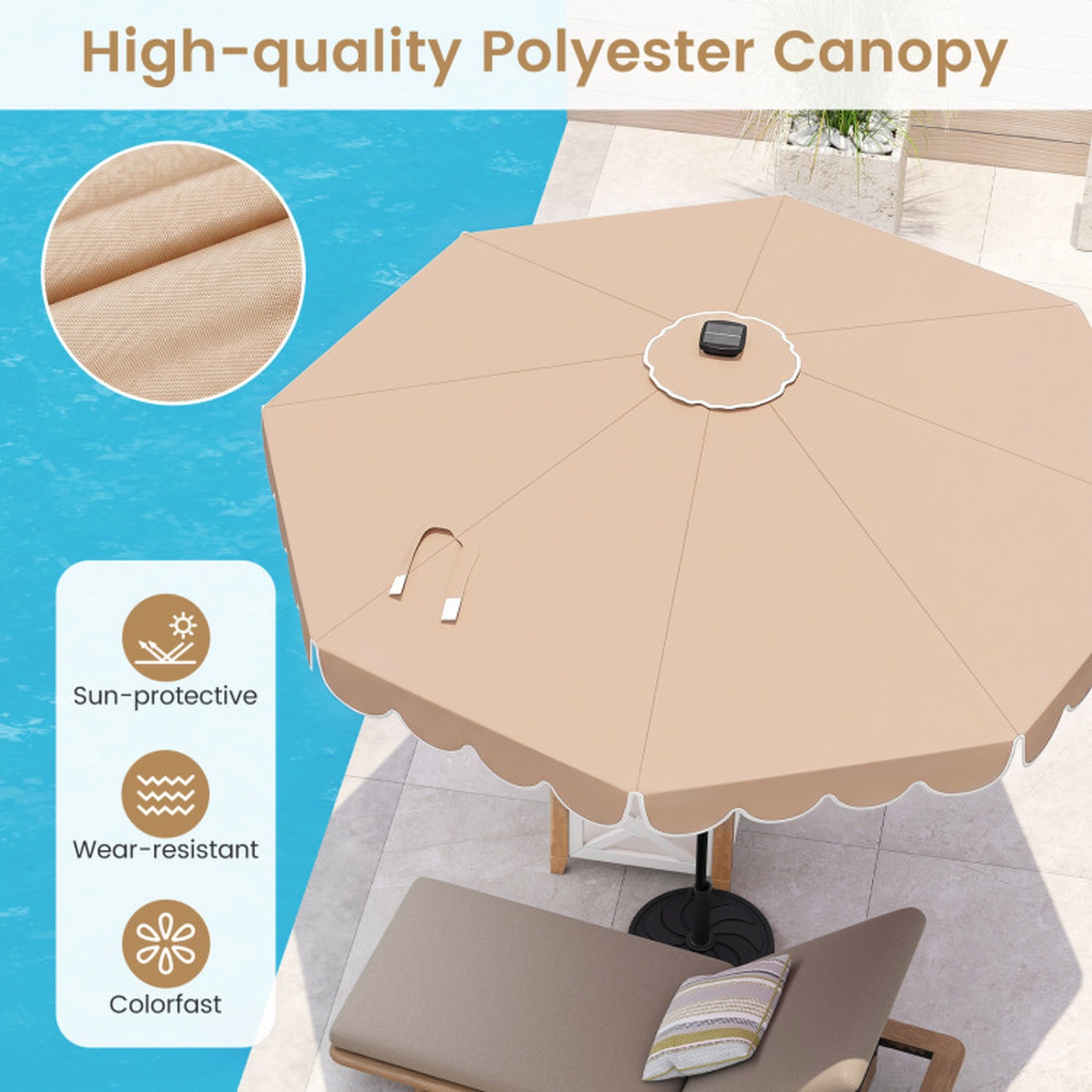 SUGIFT 10 ft Beige Solar LED Patio Umbrella, 24 Lights, 8 Ribs, Ruffled Edge, Push-Button Tilt
