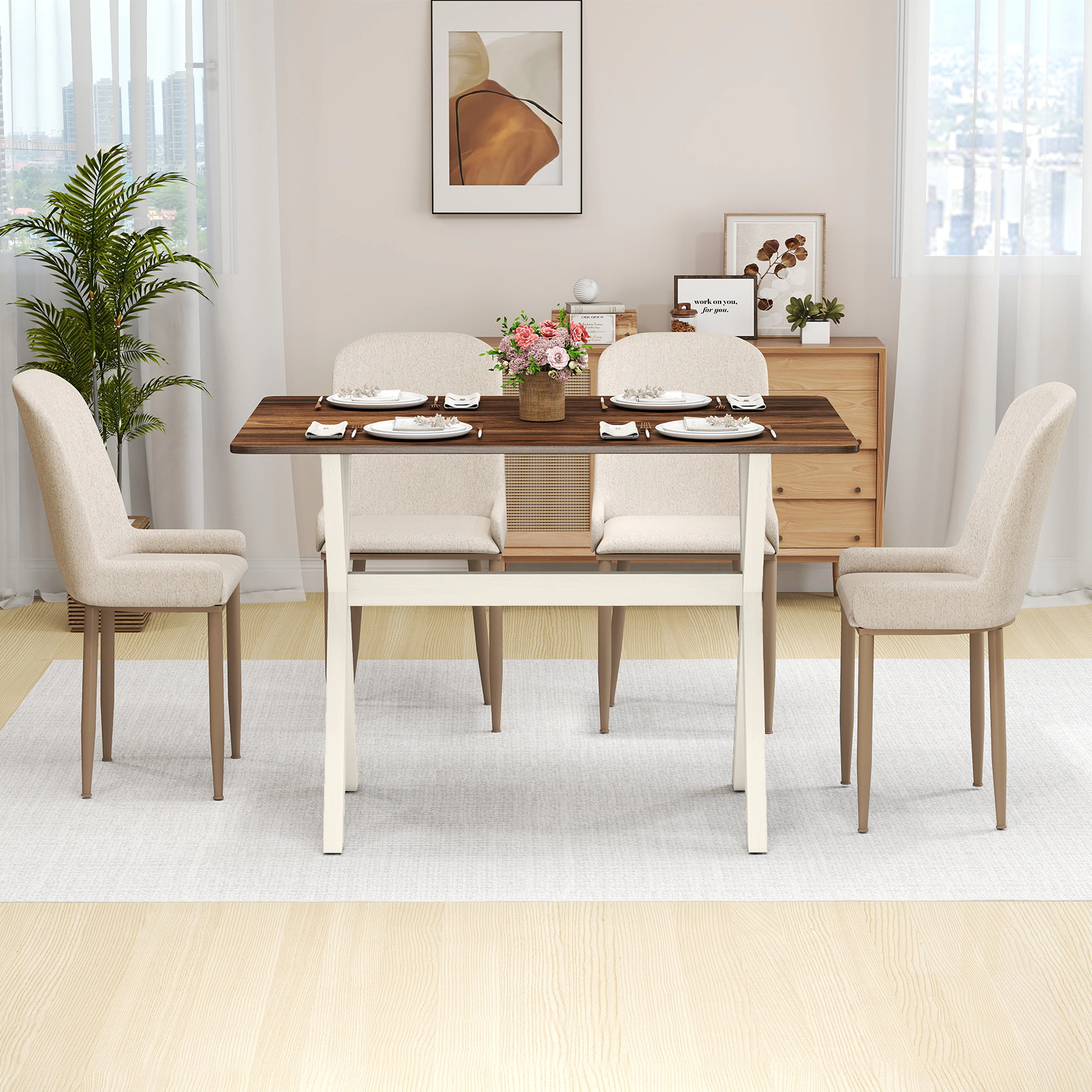 LJG Modern Dining Table Wooden Kitchen Table with x-Shaped Frame