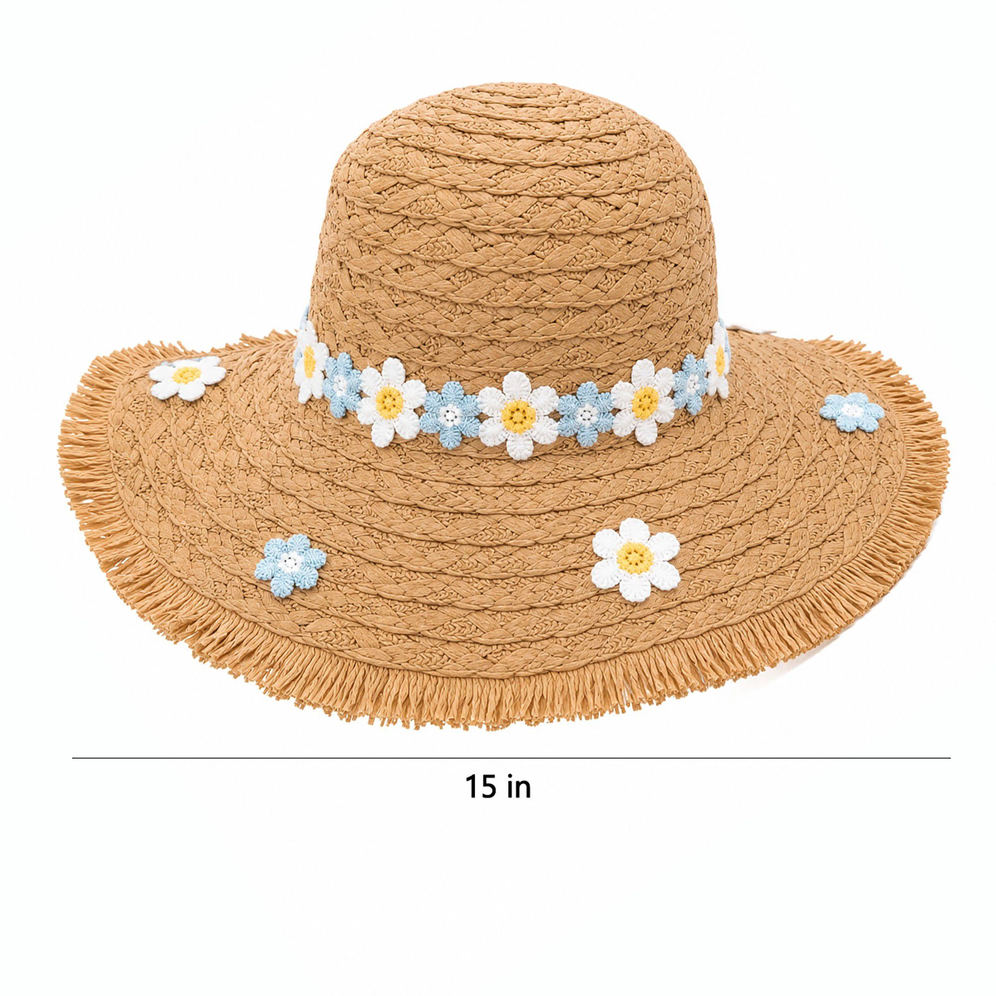 Anna-Kaci Women's Braided Straw Sun Hat with Floral Applique Trim and Fringe Brim Design