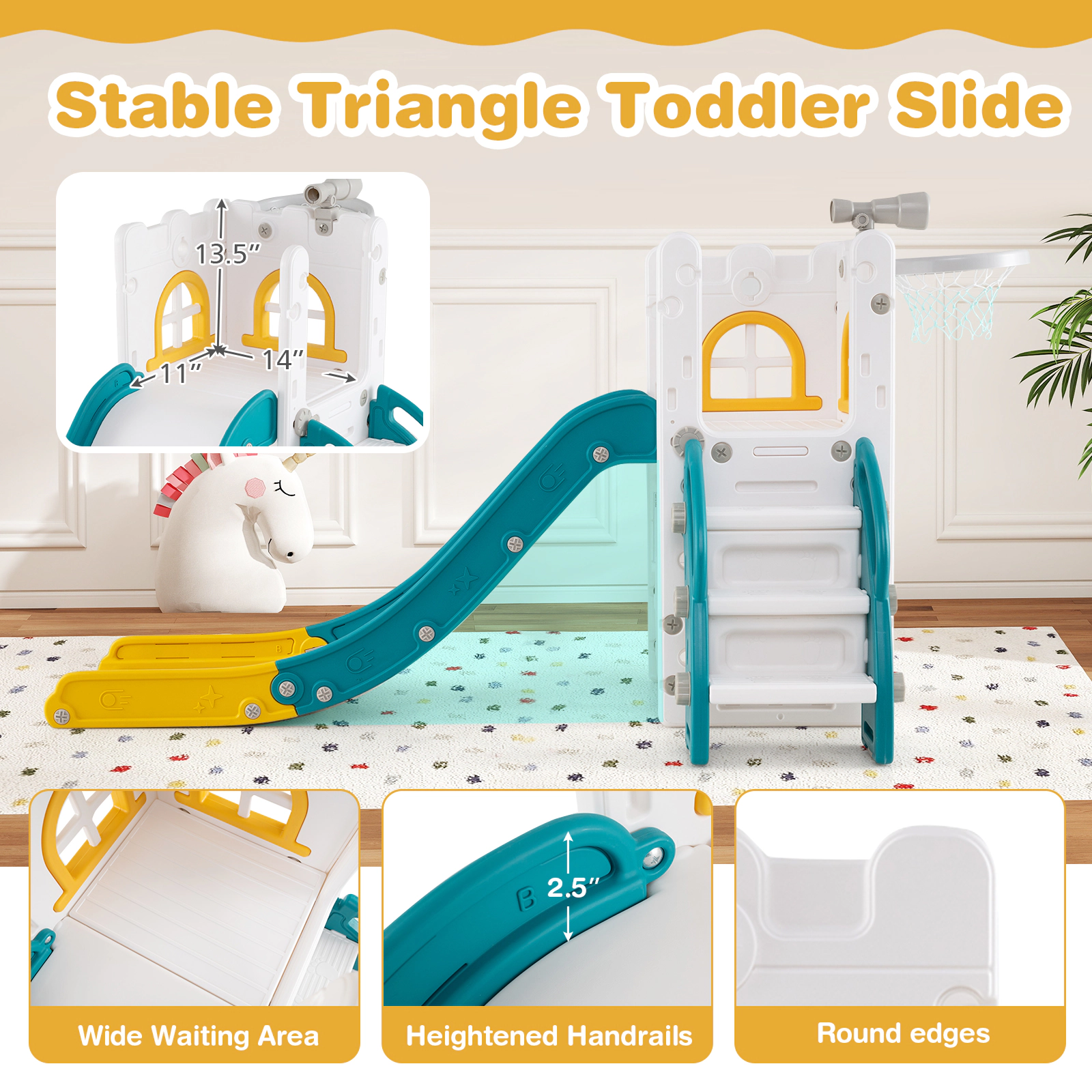 SUGIFT 6-in-1 110-lb Capacity L-Shaped Toddler Slide with Telescope Climber Basketball Hoop and Ladder