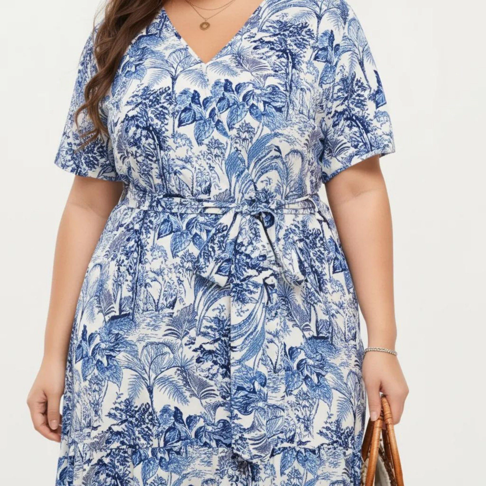 Anna-Kaci Women's Short Sleeve V Neck Waist Tie Belt All Over Print Flowy Fit Midi Dress