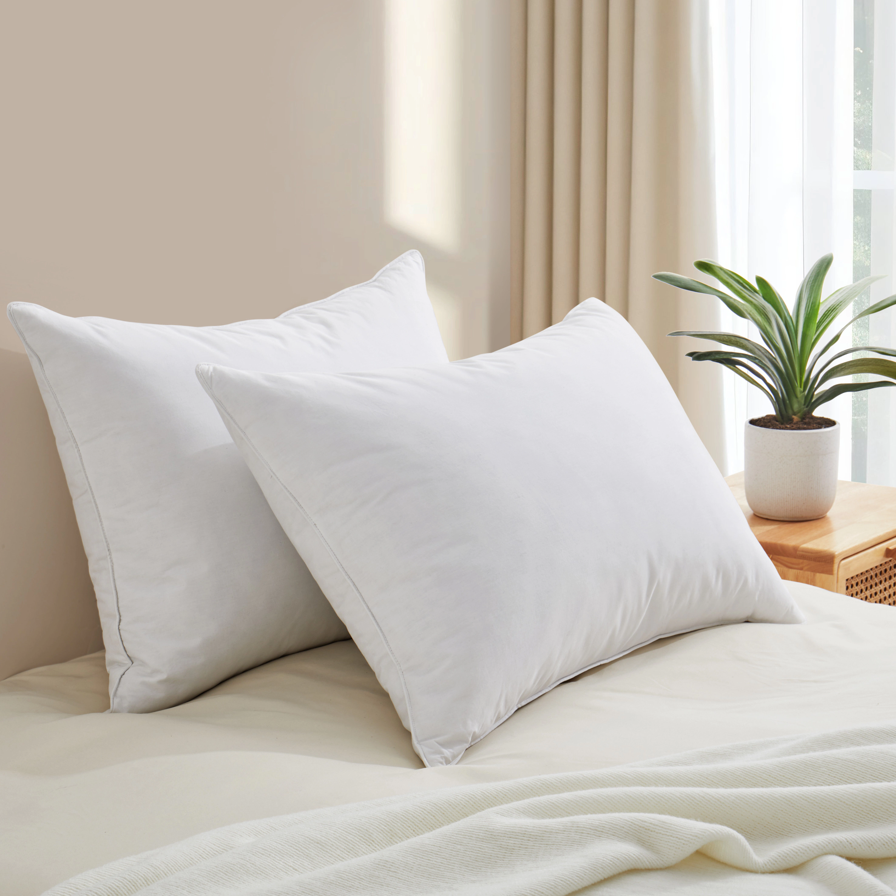 Unikome 233TC Cotton White Goose Feather Down Bed Pillows, Set of 2