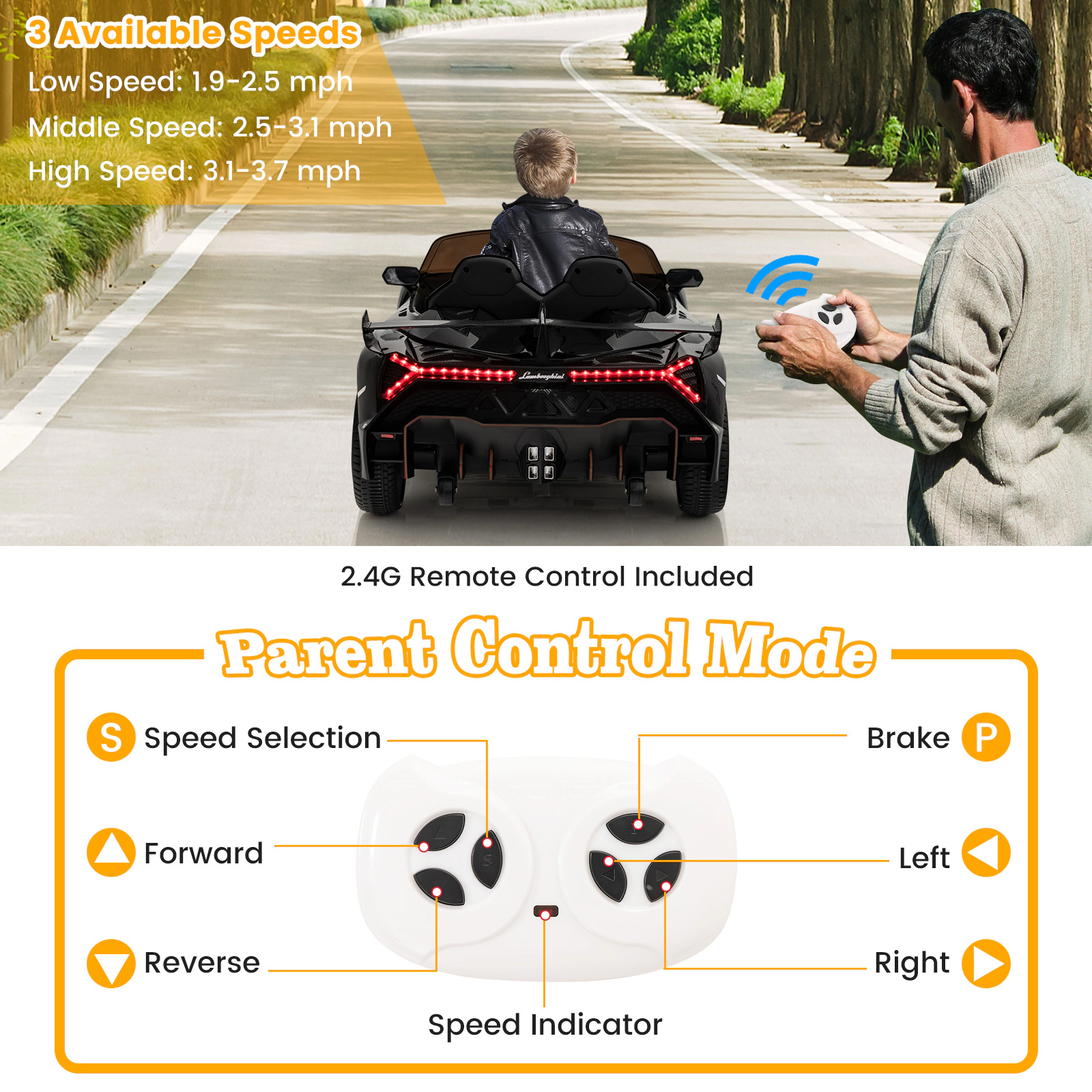 Glintex 12V 4WD Kids Sports Car with Hydraulic Doors and 3 Remote Speeds