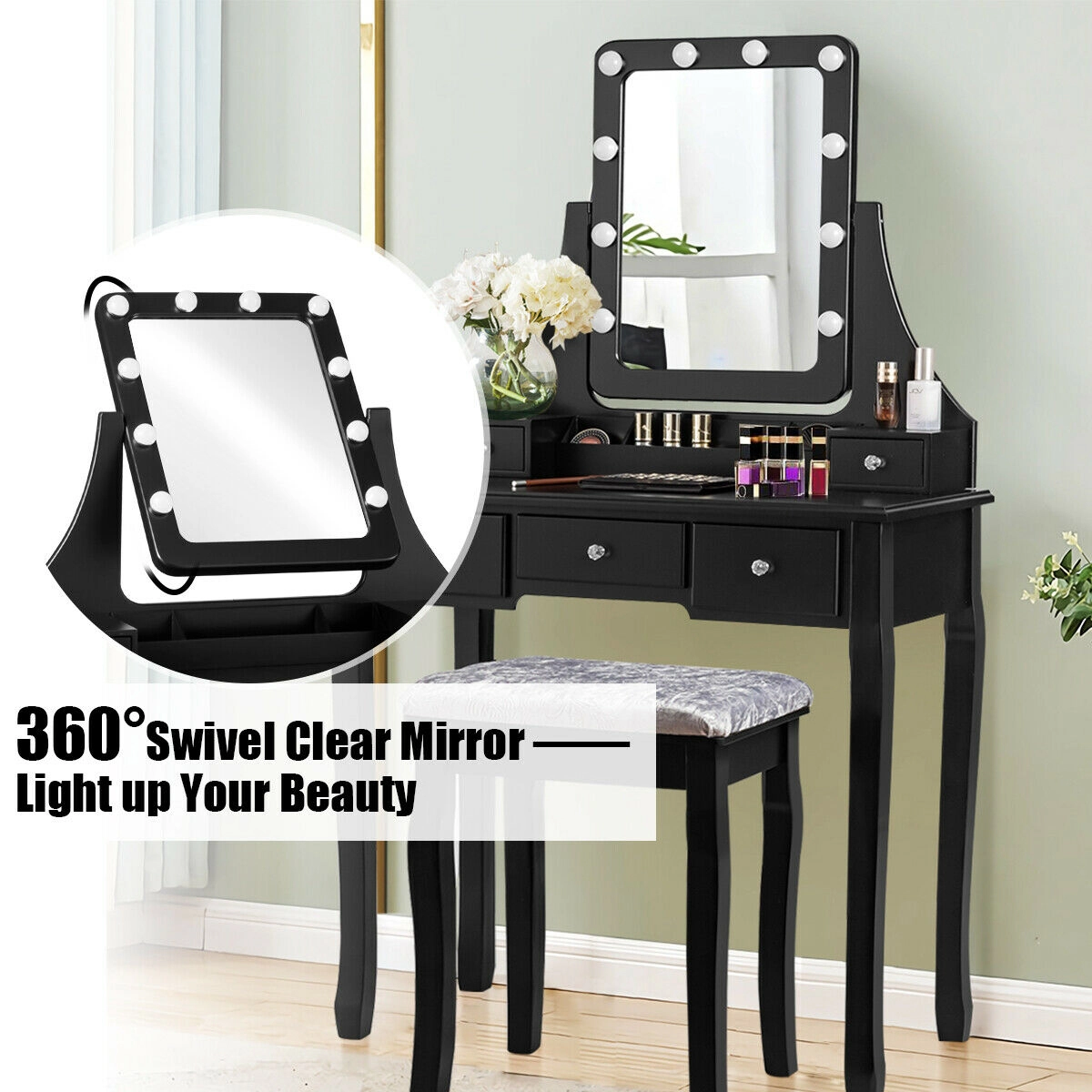 SUGIFT 10-Bulb Vanity Table and Stool Set with Lighted Mirror 5 Drawers Cushioned Black