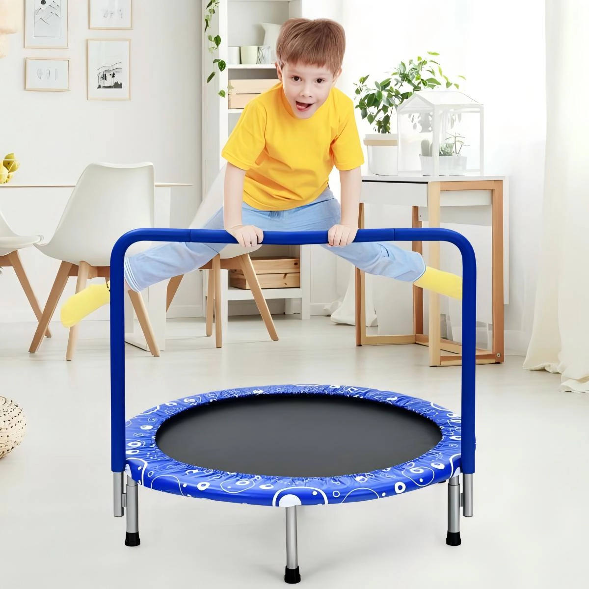 SUGIFT 36-in Kids Mini Trampoline Rebounder Full Covered Handrail 330-lb Capacity Ages 3-10 Foldable 36 x 32 in Blue
