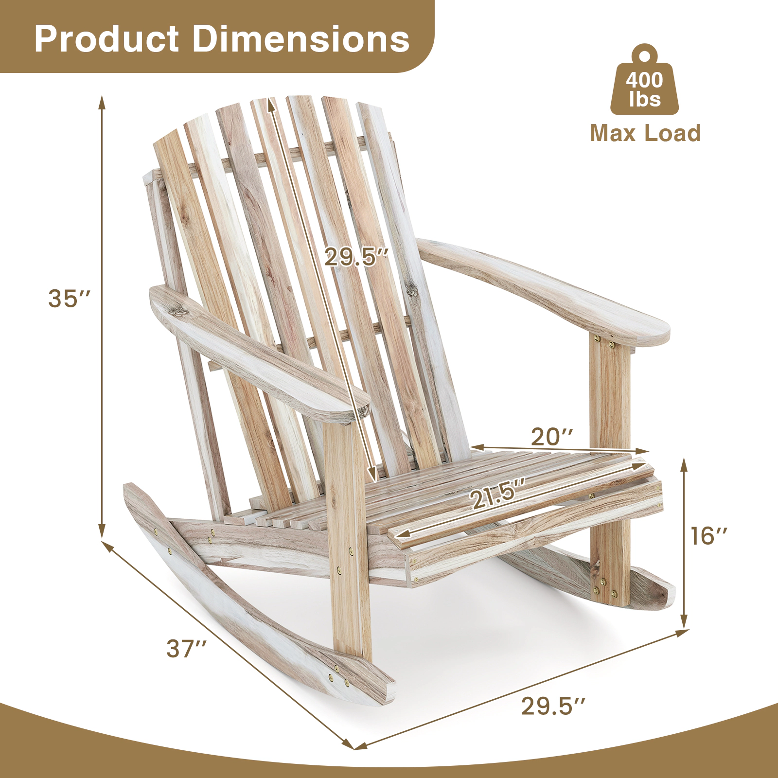 SUGIFT Adirondack Rocking Chair with Slatted Seat and High Fanned Back 400-lb Capacity Natural