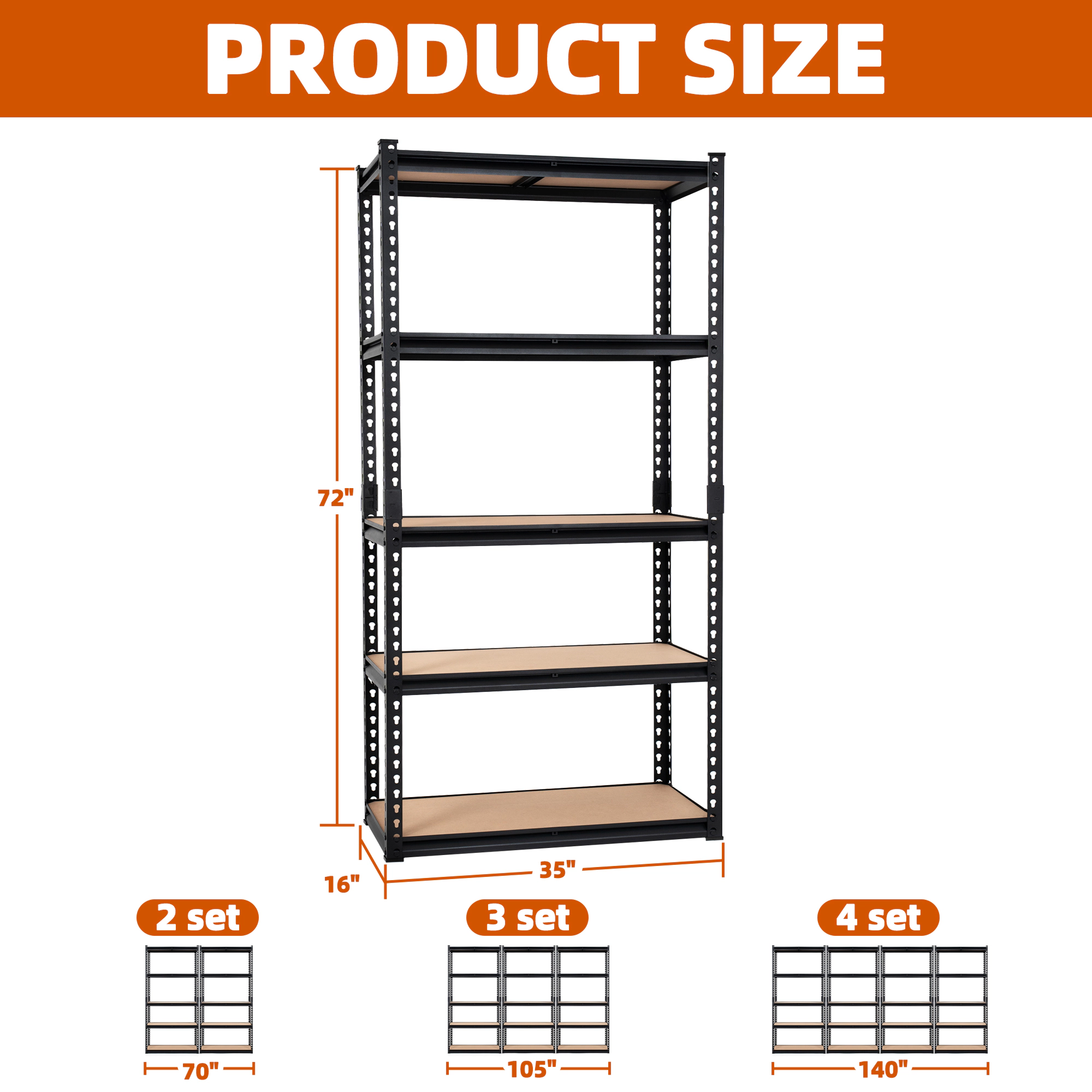Flynama 5-Tier Freestanding Garage Shelving, Heavy Duty Steel, Adjustable, Black (35"W x 72"H x 16"D)
