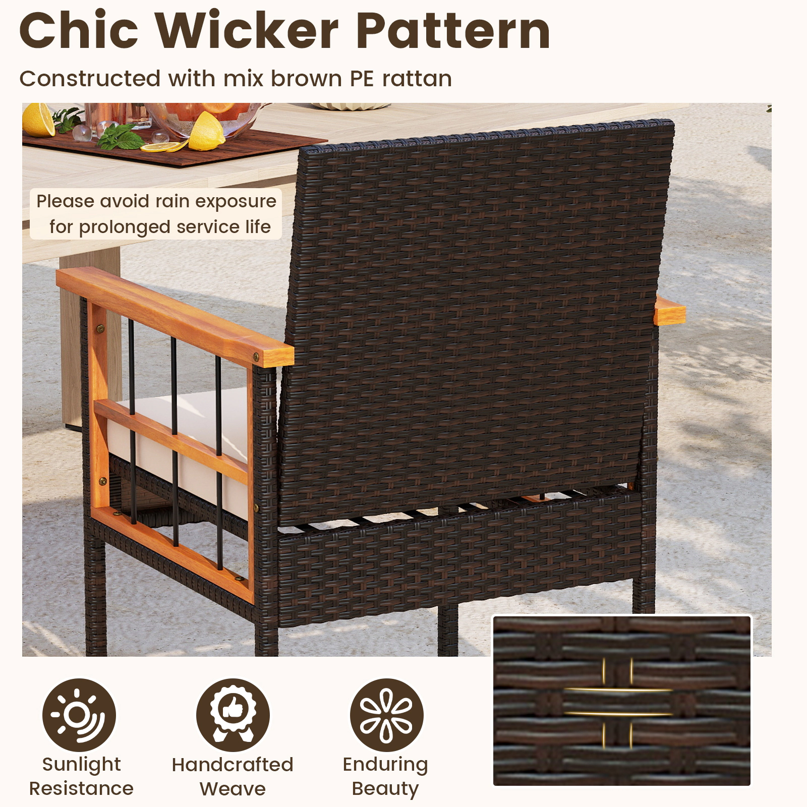 SUGIFT 3-Piece White Wicker Balcony Set with Acacia-Topped Side Table and Cushions