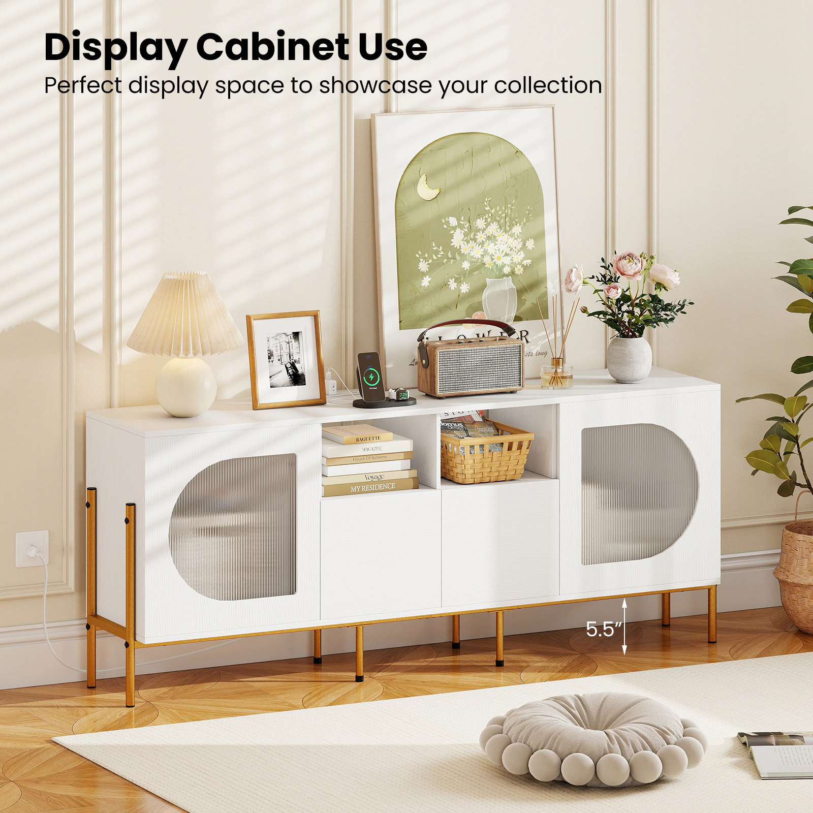 SUGIFT 65-in TV Stand for 70-in TV with Power Outlets Drawers and Open Shelves 135-lb Countertop White