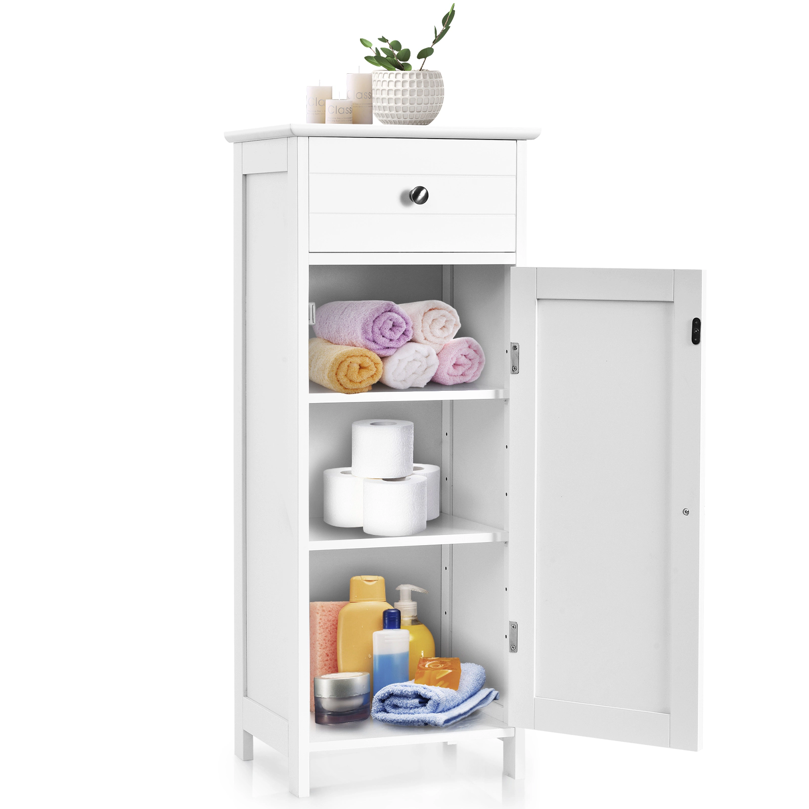 SUGIFT Wooden Storage Free-Standing Bathroom Floor Cabinet with Drawer and Adjustable Shelf 132-lb Capacity White