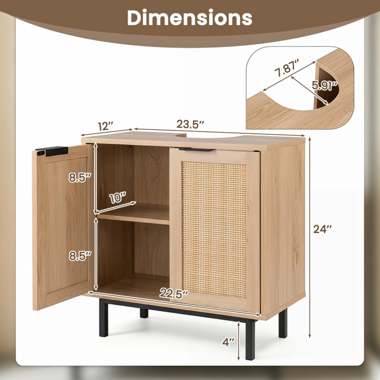 SUGIFT 2 Rattan Doors U-Shaped Cut-Out Under Sink Bathroom Vanity Cabinet 23.5-in x 12-in x 24-in 66-lb Capacity Natural