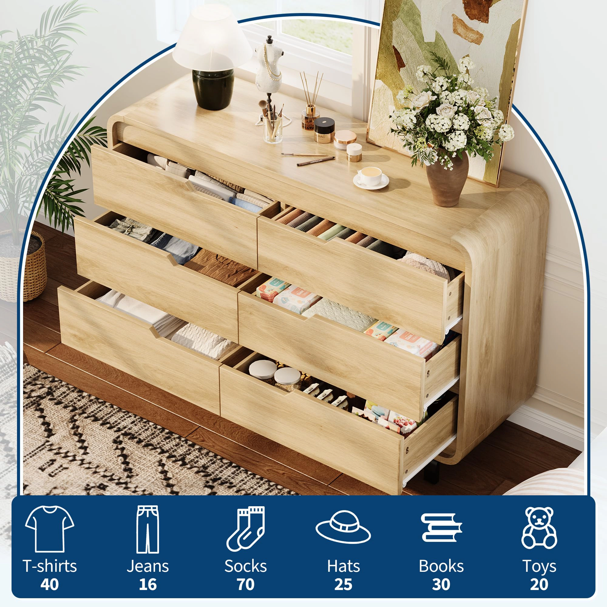 47" Wide 6 Drawer Wood Dresser with Handleless & Detachable Legs, Modern Storage Chest