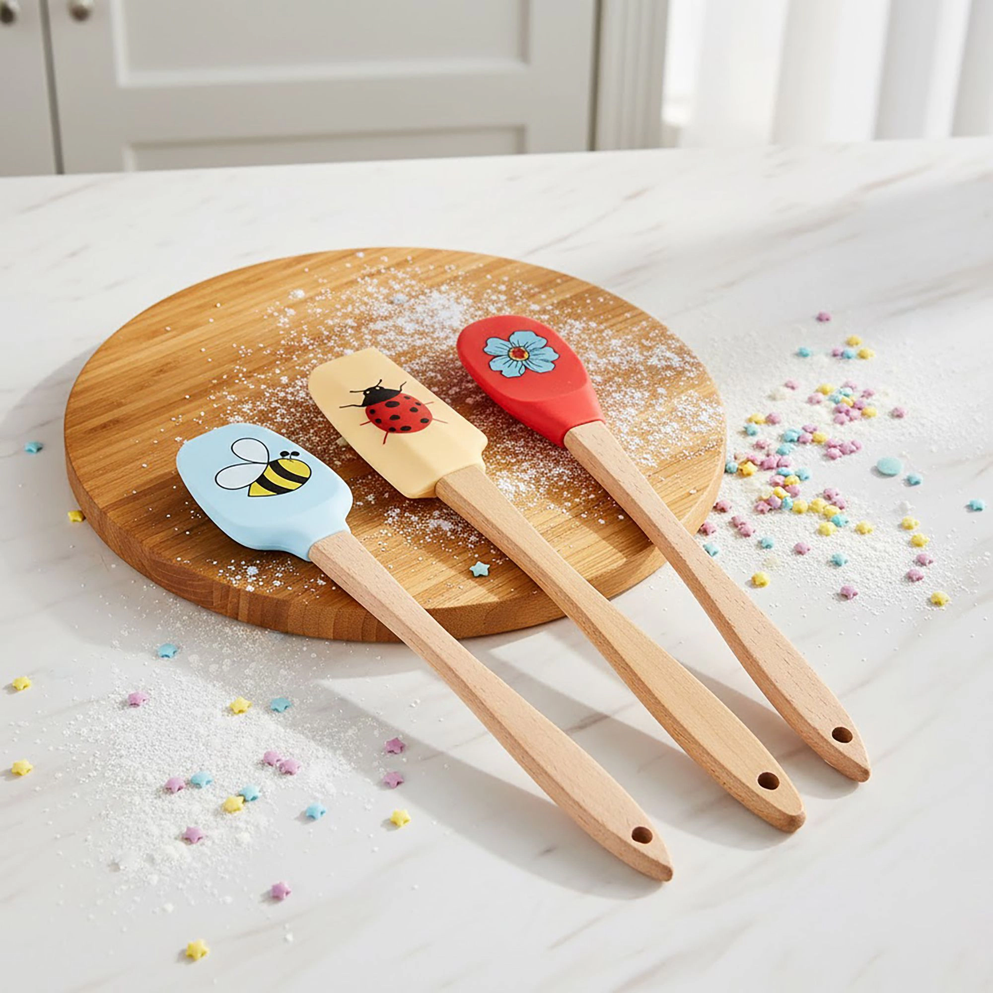 Alilang Women Silicone Spatula Set with Wooden Handles Bee Ladybug Flower Print Heat Resistant Kitchen Baking Tools 3 Pi