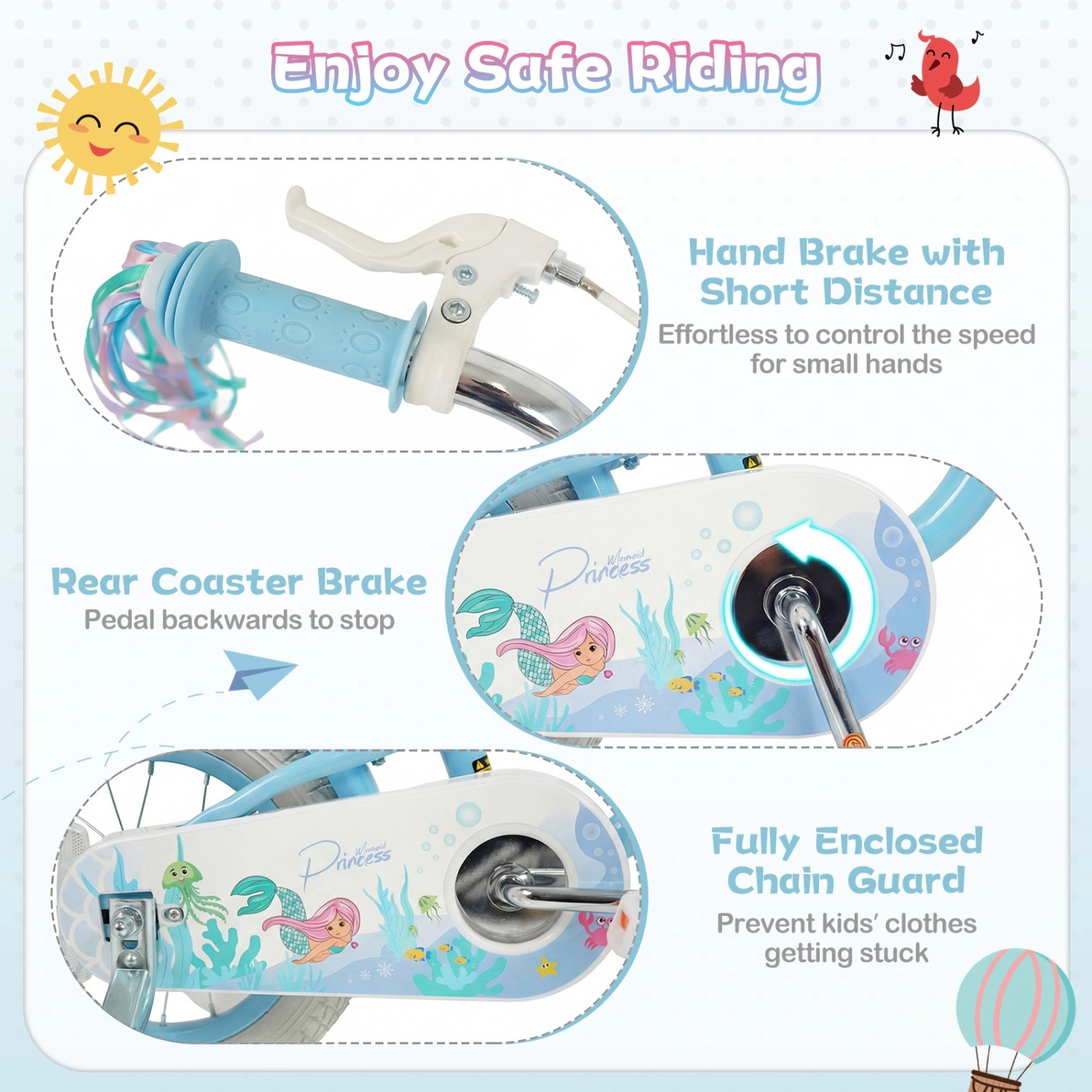 SUGIFT Adjustable 16-in Kids Bike with Basket and Streamers 110-lb Seat Capacity Ages 4-7 Blue Princess of the Sea Theme