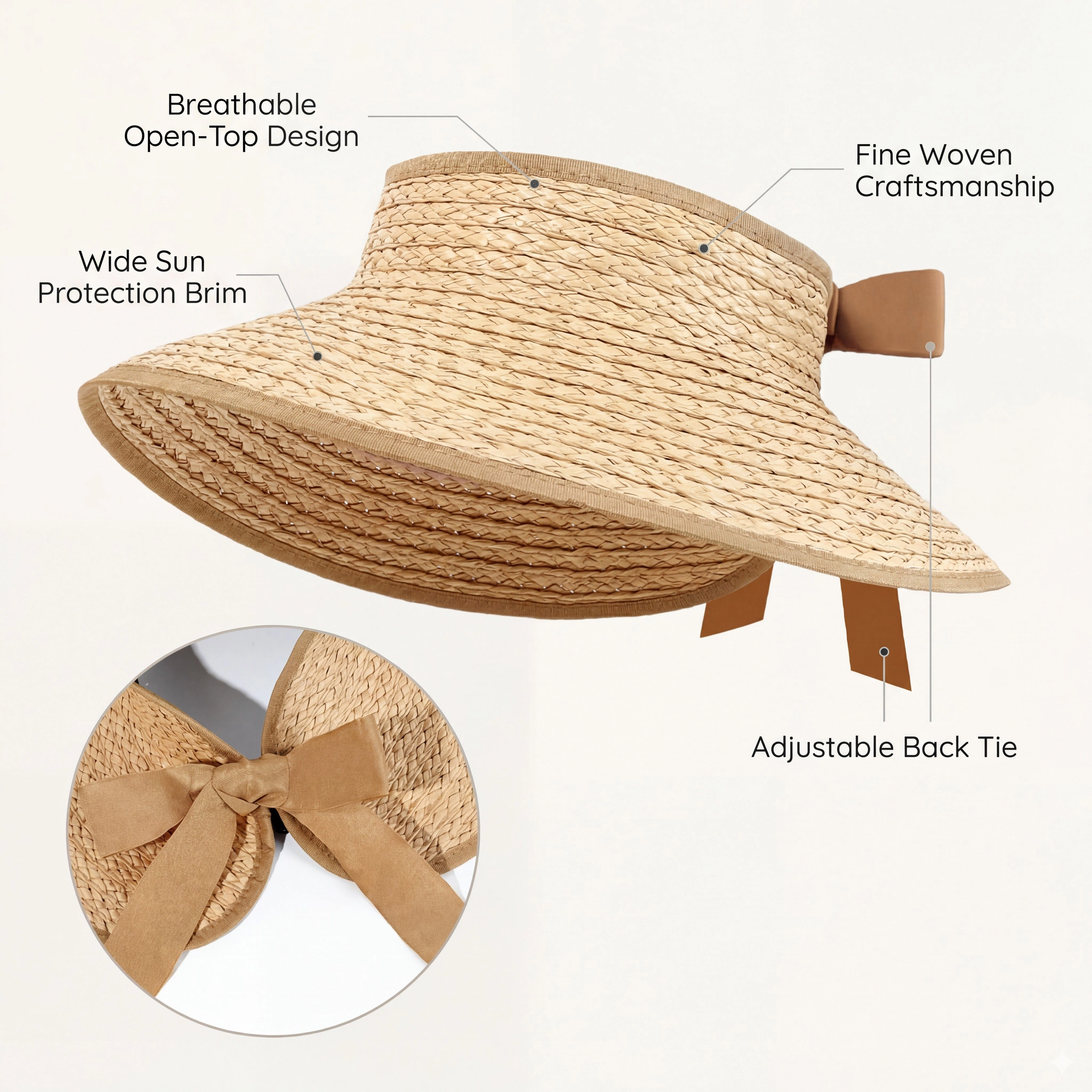 Anna-Kaci Women's Women Straw Sun Visor Hat Wide Brim Open Top Adjustable Bow Lightweight Summer Hat, Ivory Trim