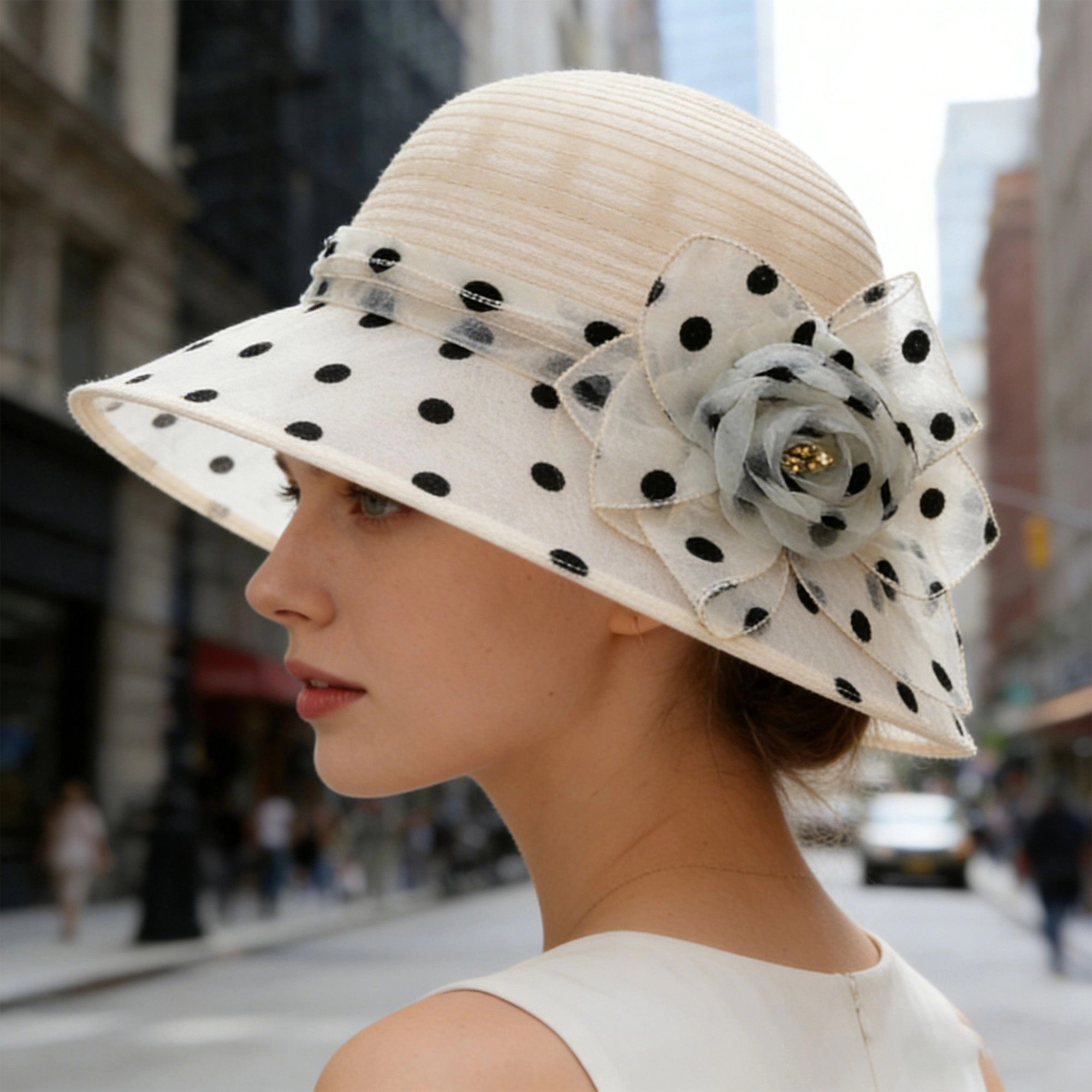 Anna-Kaci Womens Straw Sun Hat Polka Dot Bow Flower Dressy Summer Church