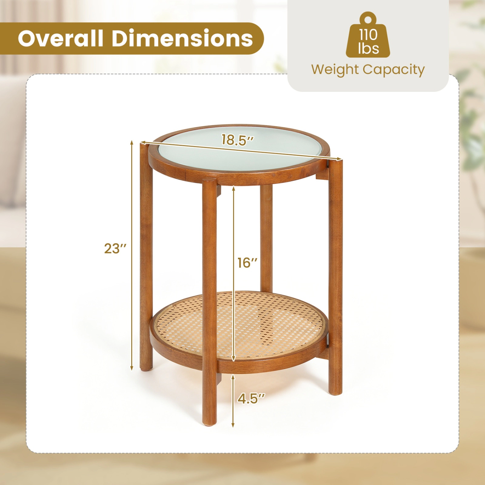 SUGIFT 18.5-Inch Round 2-Tier Boho Side Table, Glass Top, Rattan Shelf, Acacia Legs