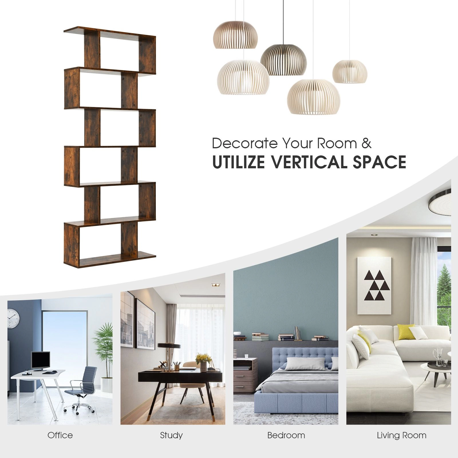 SlickBlue 6 Tier S Shaped Bookcase with Open Storage Shelves