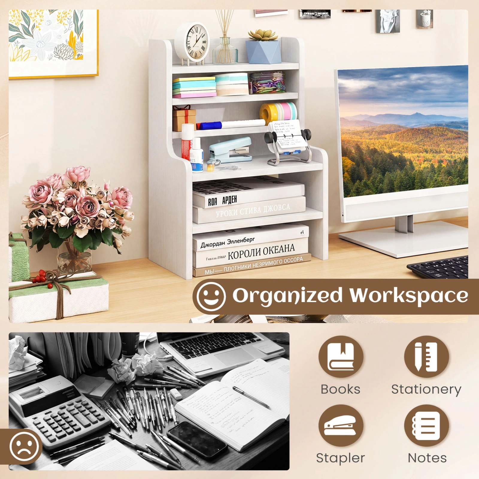 SUGIFT 6-Tier 55-lb Capacity White Mini Desktop Bookshelf Organizer with 2 Removable Shelves