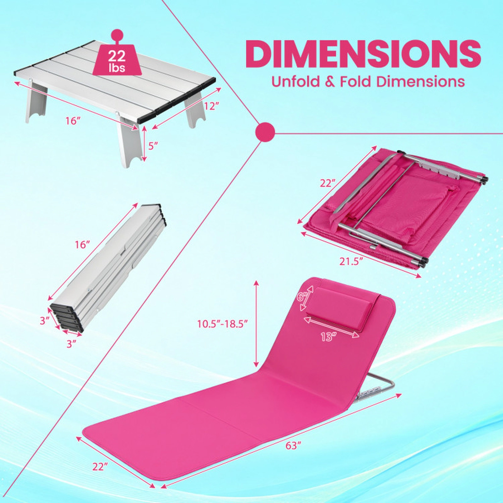 SUGIFT 3-Piece Pink Stripe 5-Position Adjustable Folding Beach Lounge Chair Set with Side Table and Carry Bag