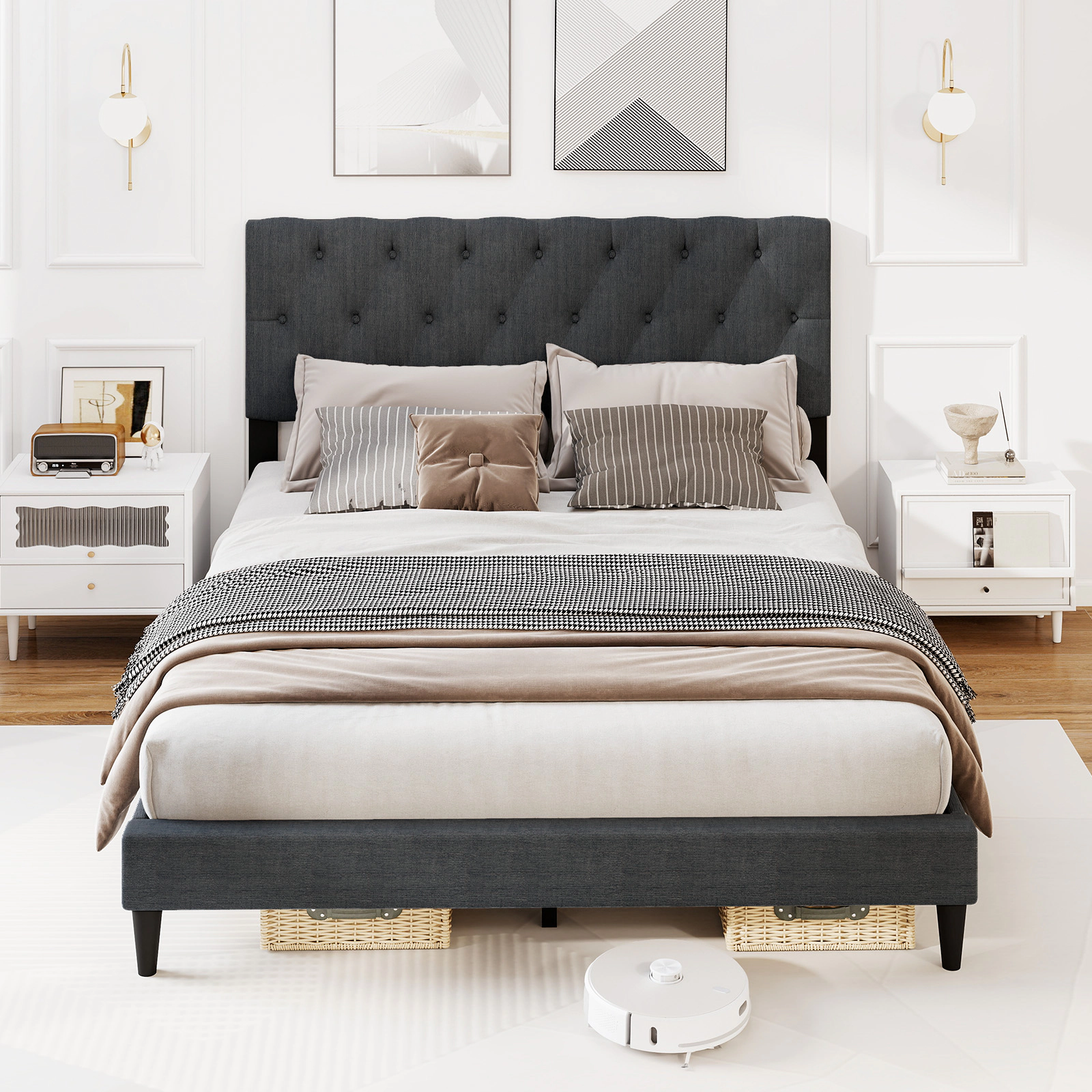 SUGIFT Upholstered Platform Bed Frame with Tufted 44-in Headboard 800-lb Capacity Gray Queen Size