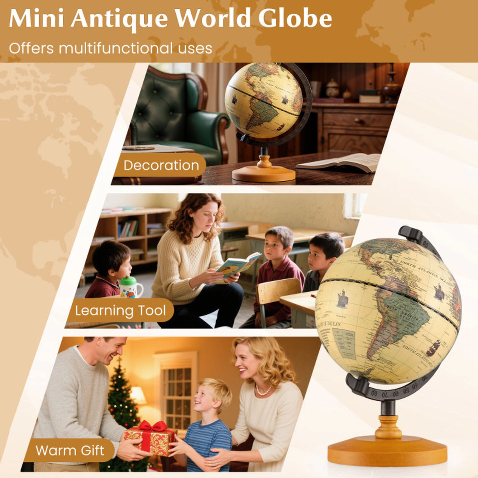 SUGIFT Antique Mini Rotating World Globe Interactive Desktop Toy 5.5-in Diameter Bronze with Wooden Base