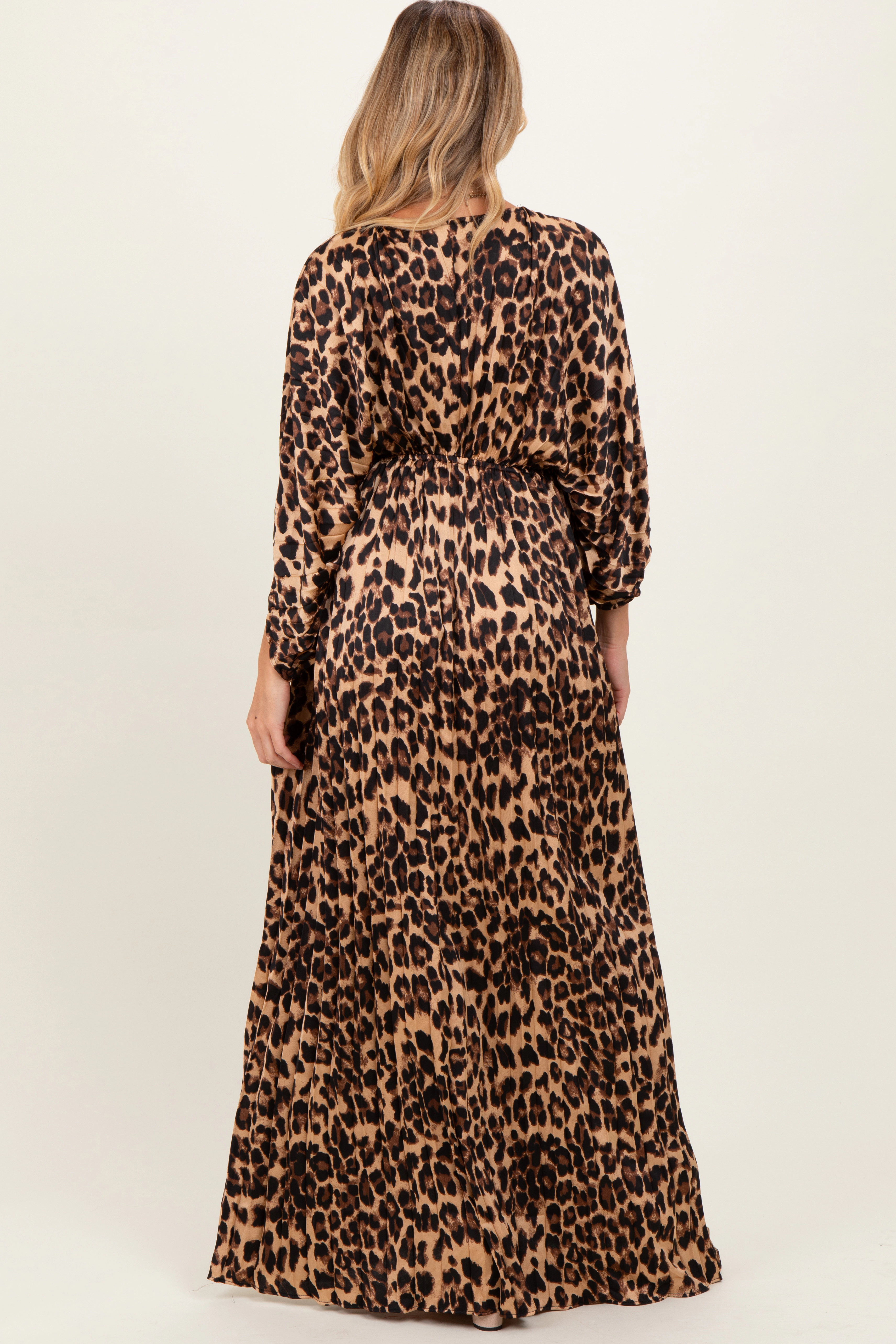 PinkBlush Womens Leopard Pleated V Neck Satin Maternity Maxi Dress