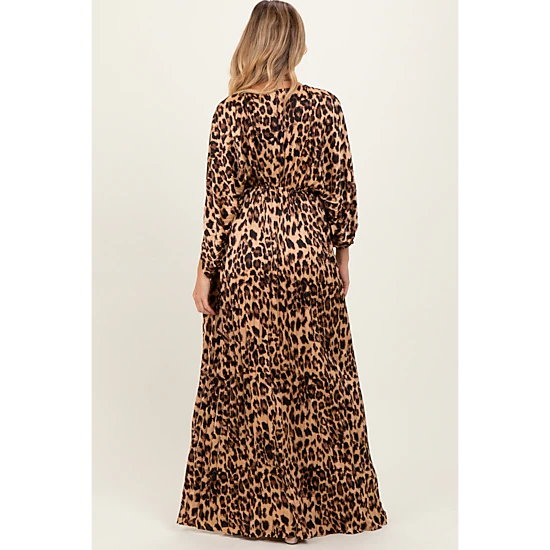 PinkBlush Womens Leopard Pleated V Neck Satin Maternity Maxi Dress
