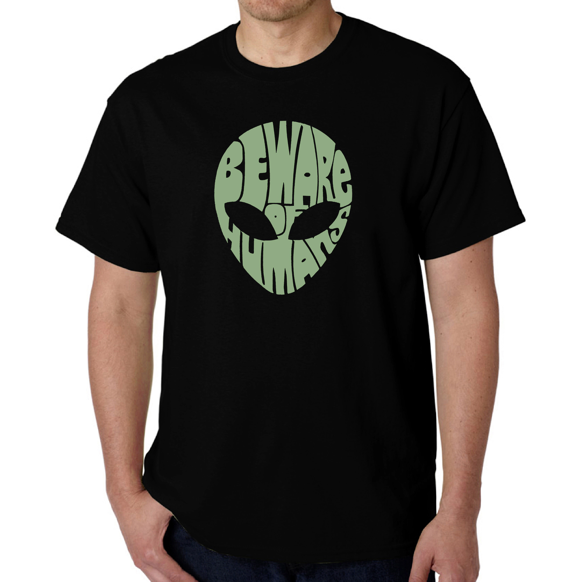 LA Pop Art Men's Cotton Crew Neck T-Shirt - 'Beware Of Humans' Word