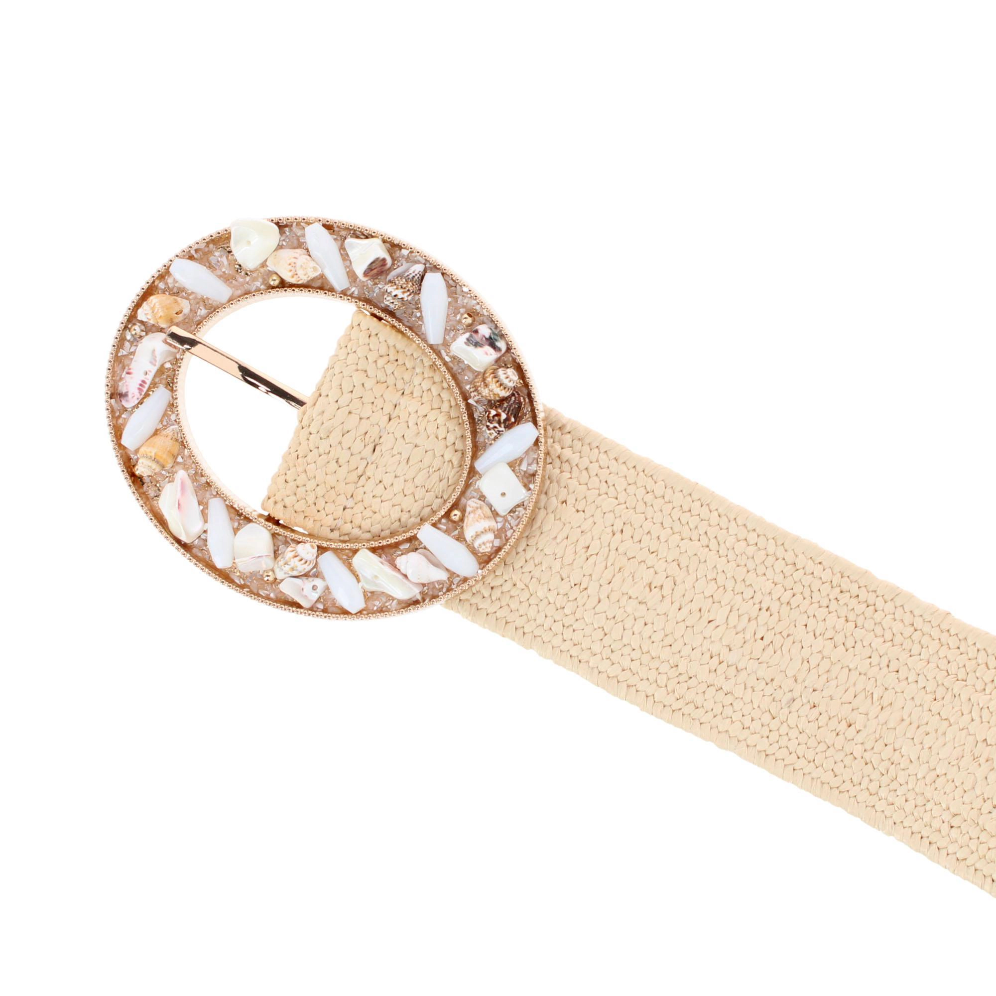 CTM Women's One Raffia Stretch Belt with SeaShell Buckle