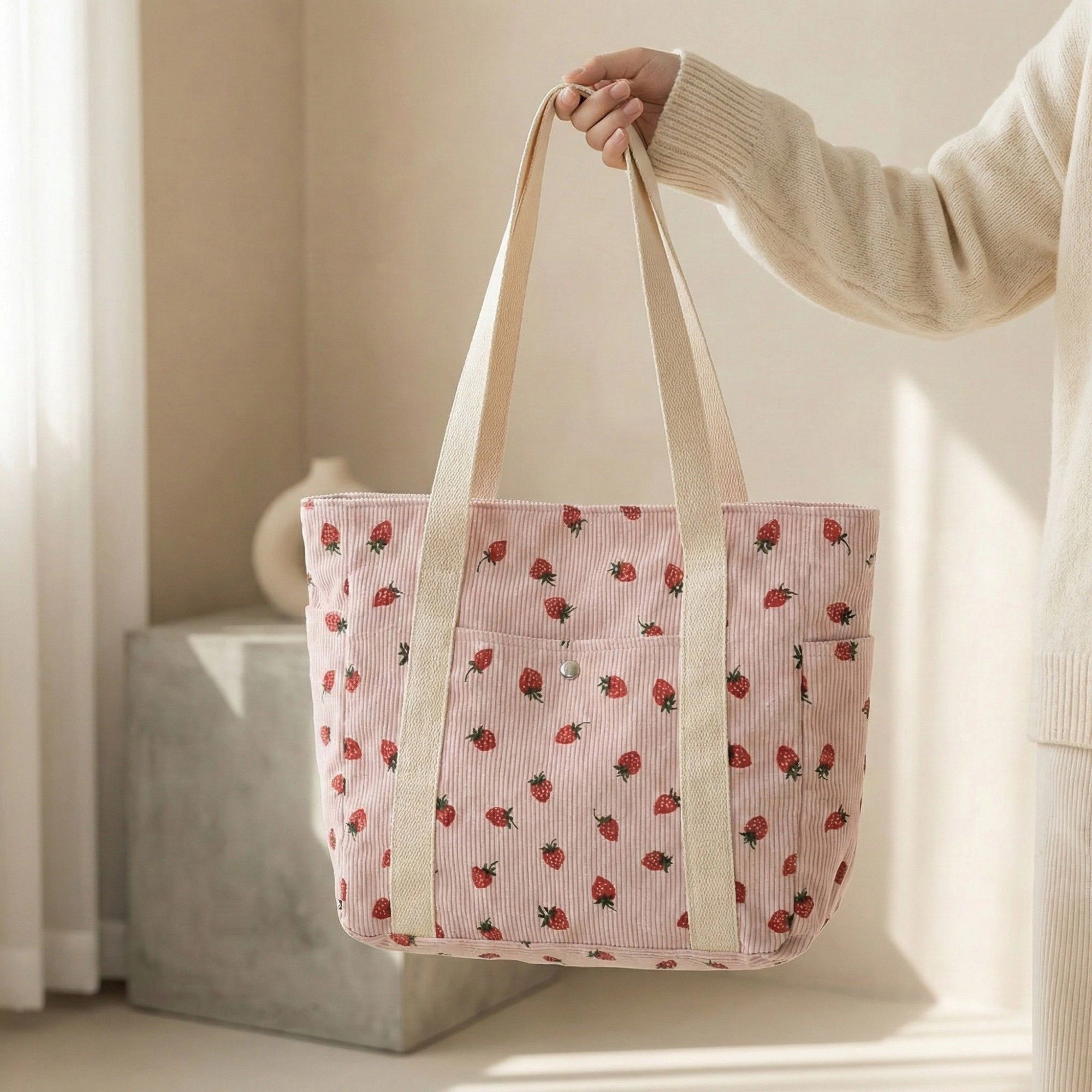 Alilang Women's Strawberry Print Corduroy Tote Bag with Double Shoulder Straps and Front Snap Pocket 11.8x7.8x3.7in