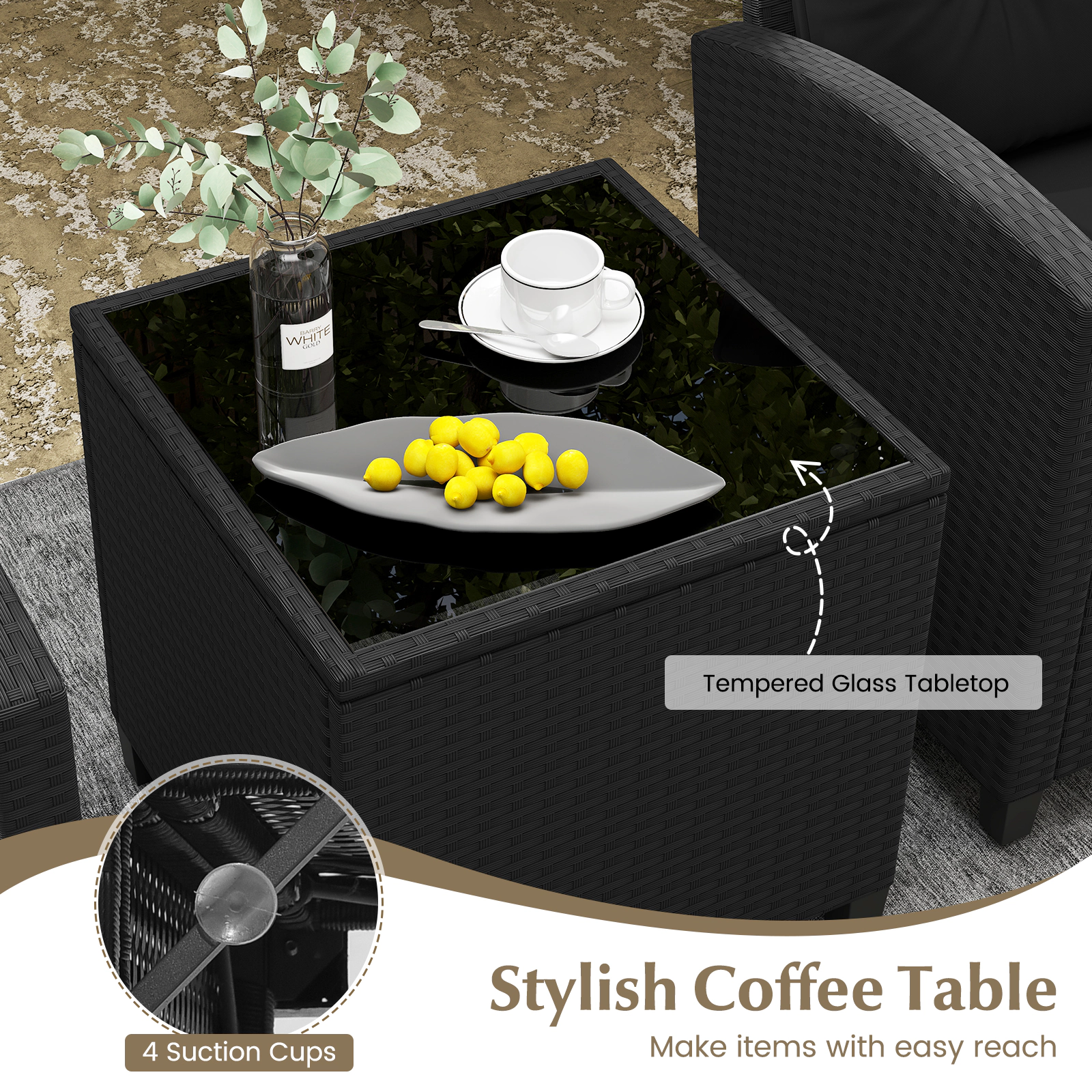 SUGIFT 3-Piece Black PE Rattan Patio Conversation Set with Cushions and Tempered Glass Table