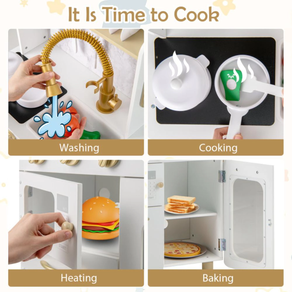 Hivvago Kids Kitchen Set Pretend Play Kitchen with Stoves Faucet Sink Telephone Microwave and Oven-White
