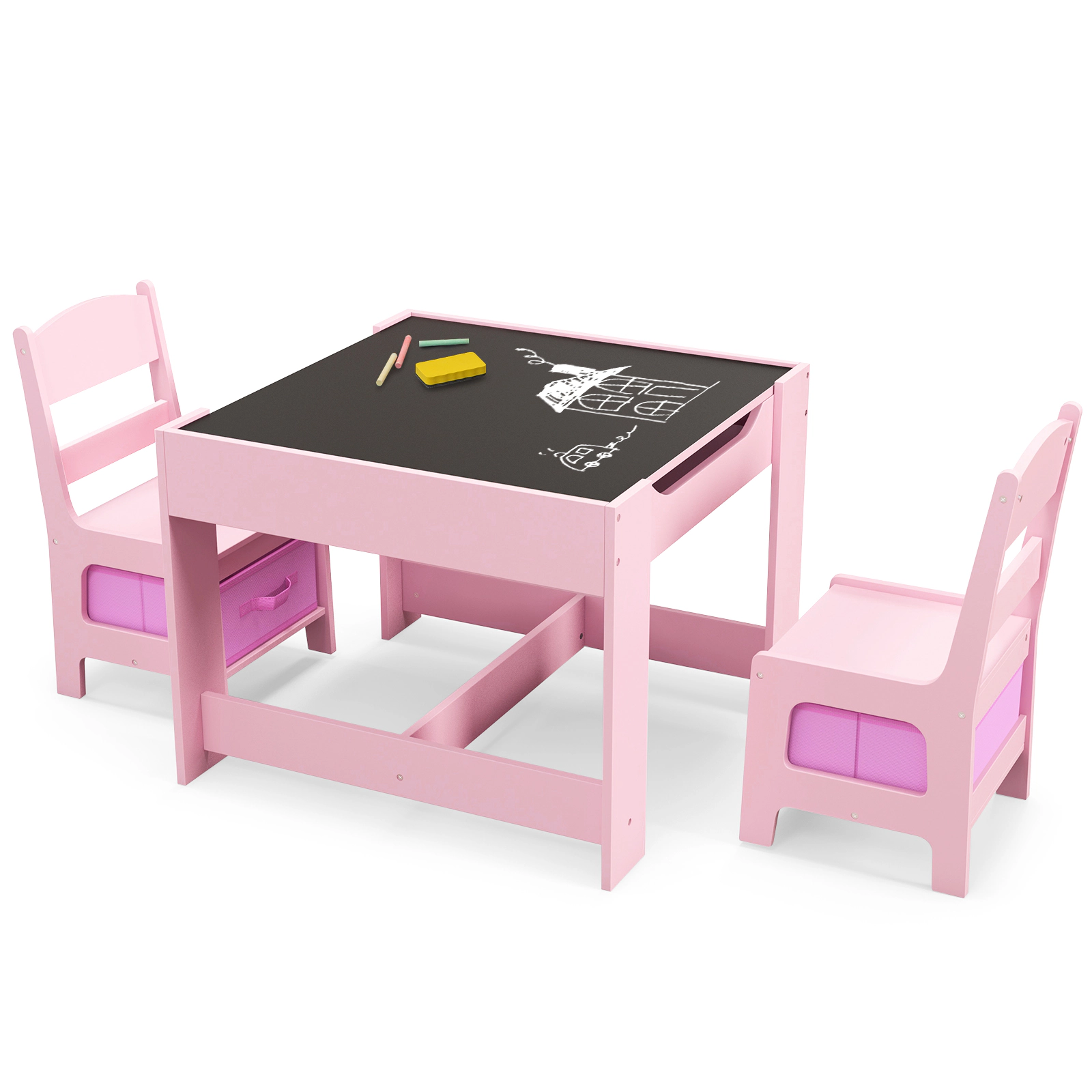 SUGIFT 2-in-1 Kids Table & Chair Set with Blackboard & Whiteboard 50-lb Table 100-lb Chairs Ages 3-7 Pink/White/Natural